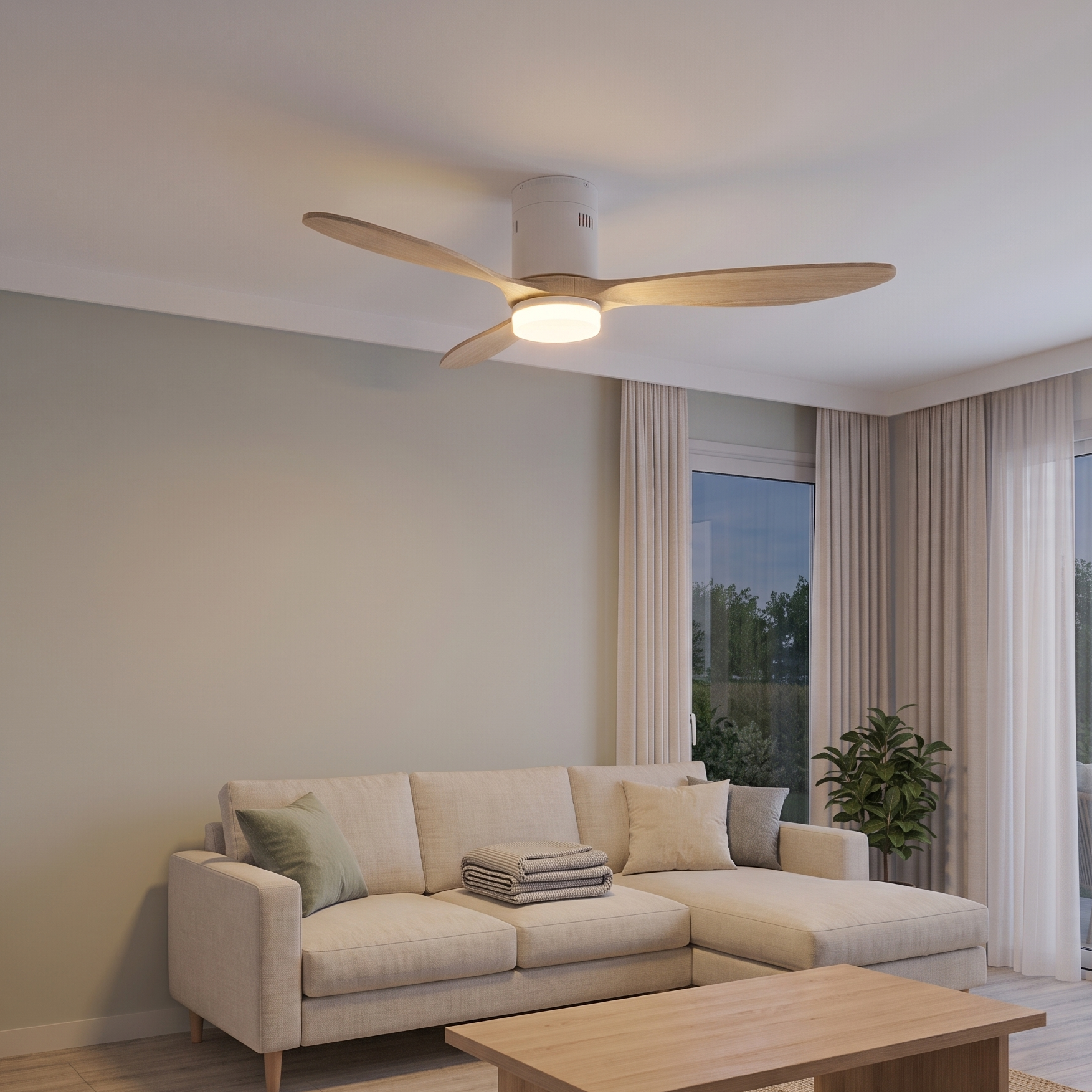 Un ventilador de techo con aspas de madera y luz sobre un sofá.