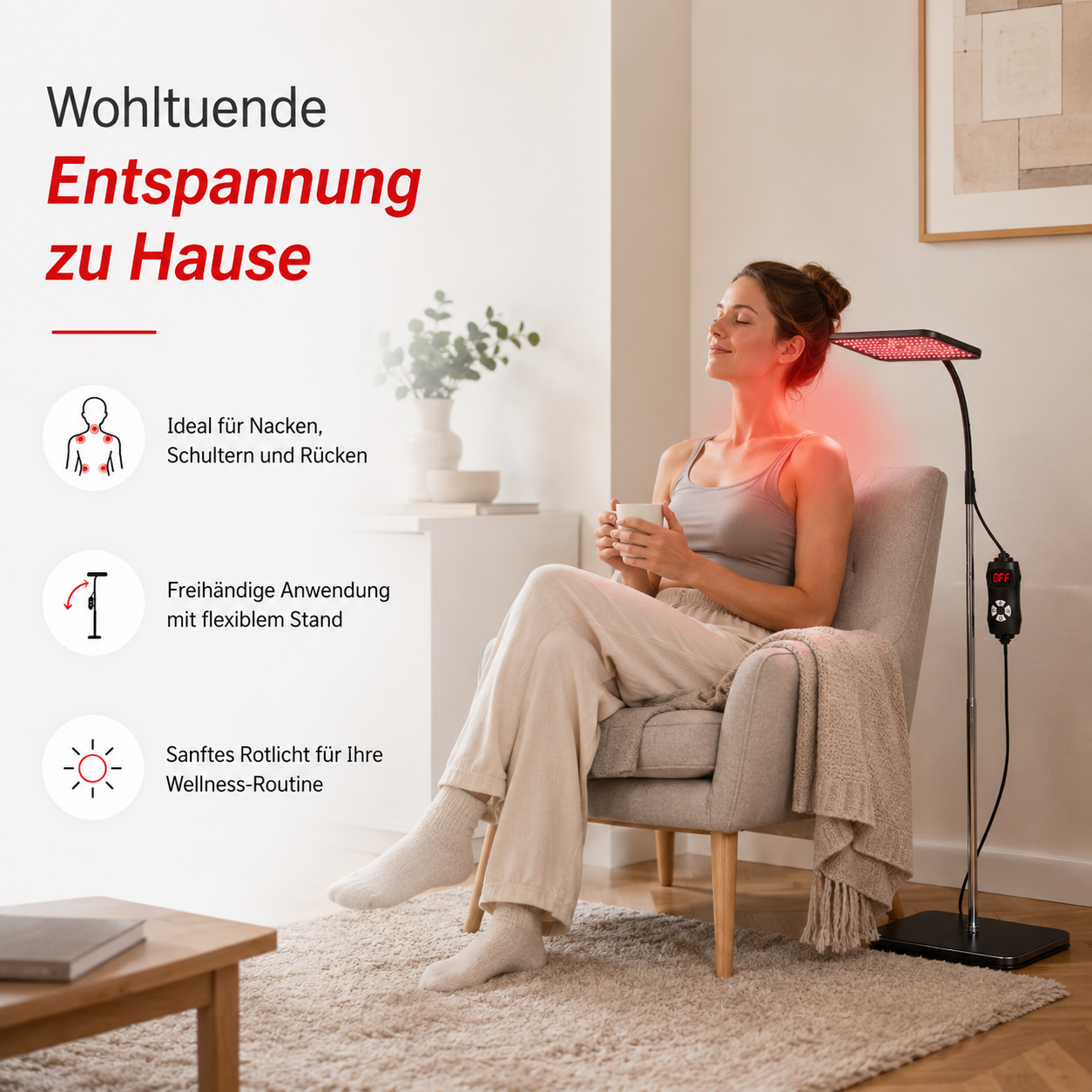 Frau entspannt sich im Sessel unter Rotlichttherapie-Lampe.
