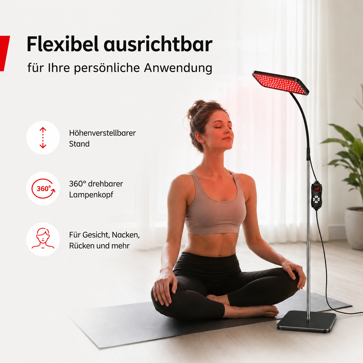 Frau sitzt auf einer Matte vor einer Rotlichtlampe mit verstellbarem Ständer.
