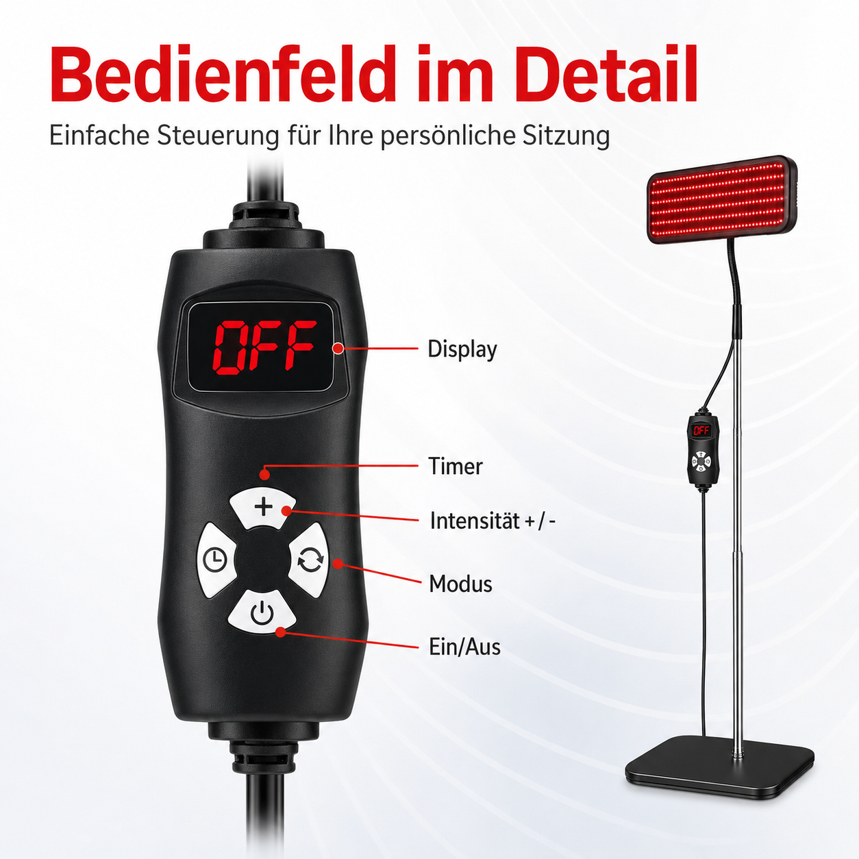 Nahaufnahme eines schwarzen Controllers mit rotem Display, der eine rote Lampe steuert.