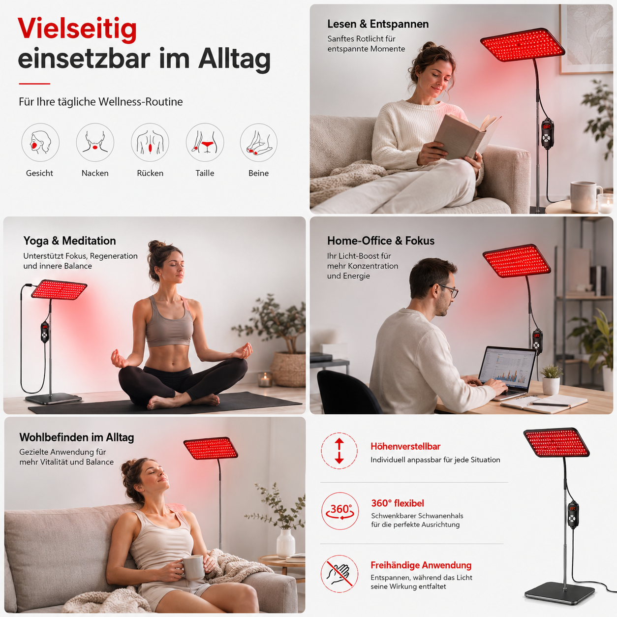 Vielseitige Rotlichtlampe im Alltag: Yoga, Home-Office, Entspannung.