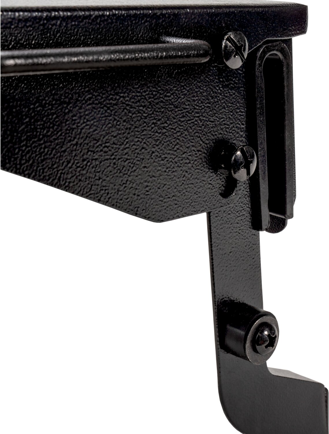 Soporte metálico negro con tornillos y un rodillo redondo.