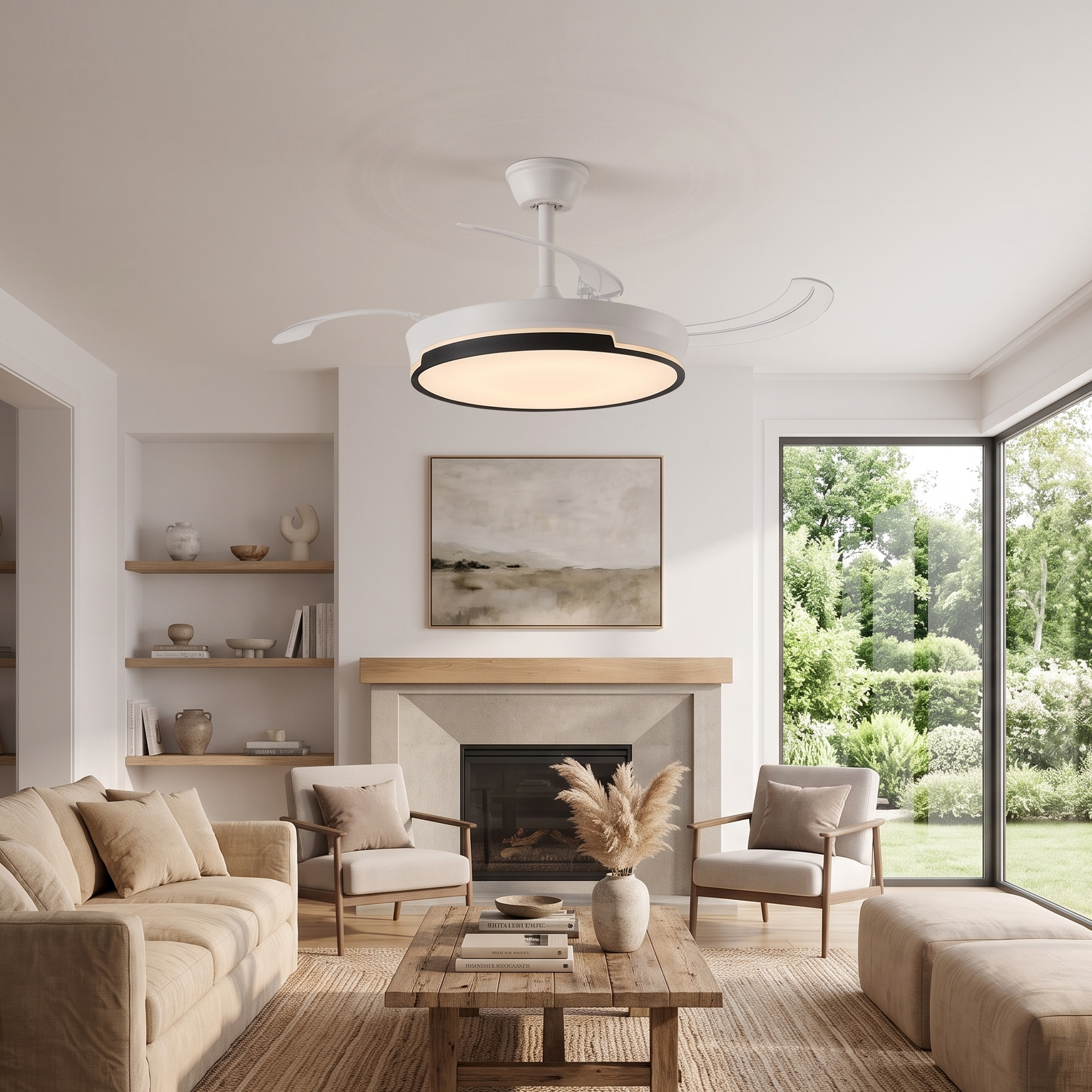 Una sala de estar moderna con ventilador/luz blanco, sofá beige, sillas, chimenea y ventana grande.