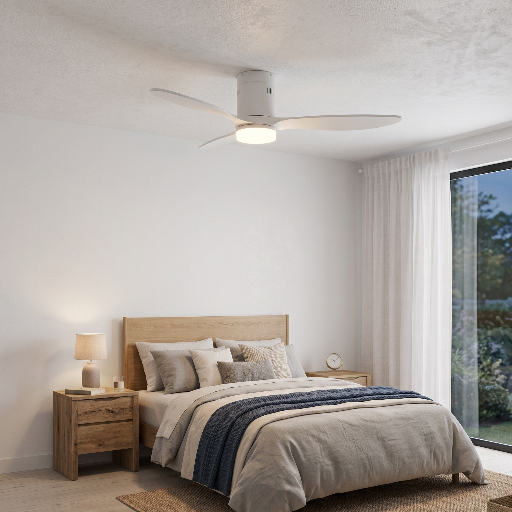 Un dormitorio con cama, mesitas de noche, ventilador de techo y ventana.