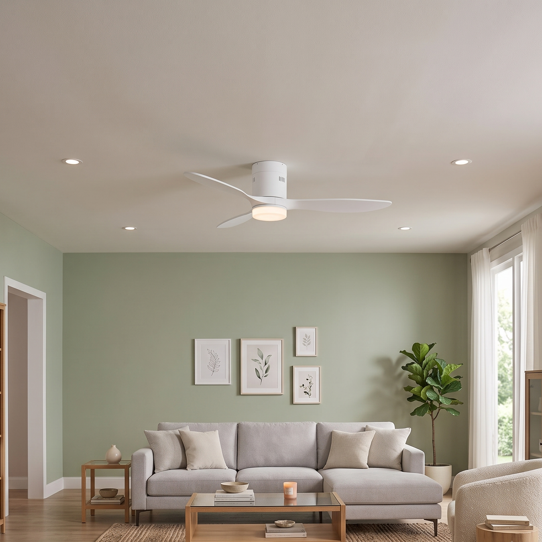 Una sala de estar luminosa con sofá, mesa de centro, plantas y ventilador de techo.