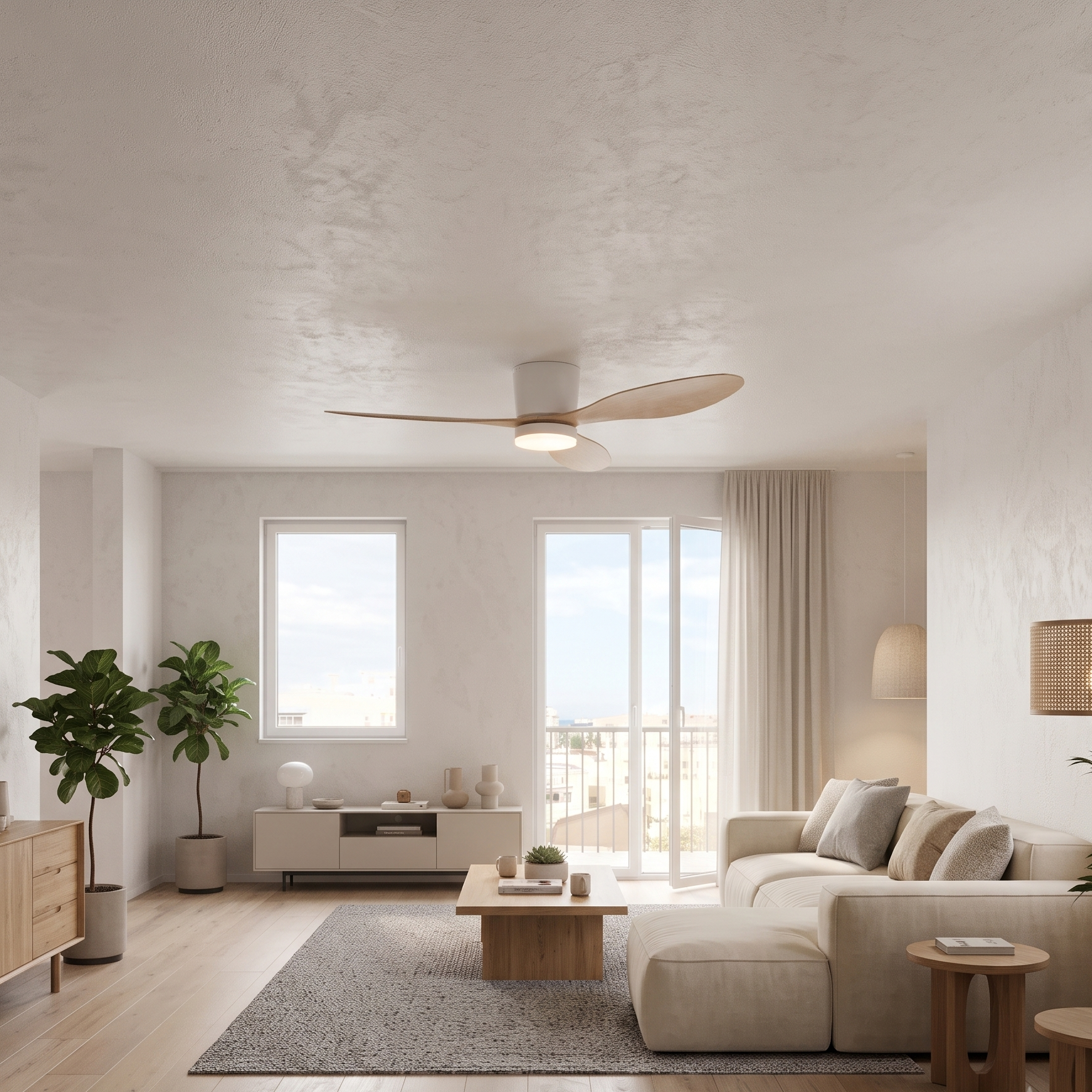 Una sala de estar luminosa con sofá beige, mesa de madera, plantas y ventilador de techo.