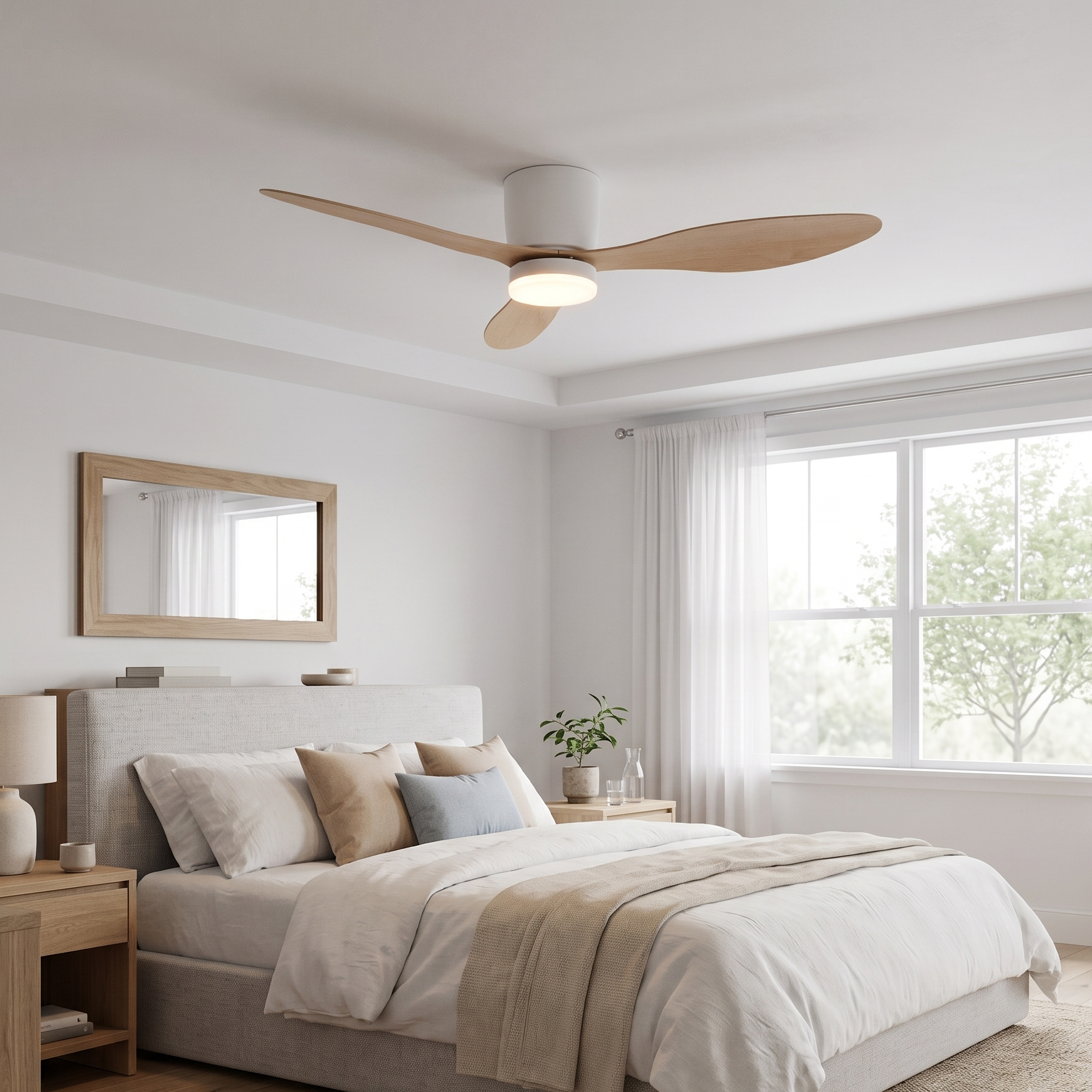 Un dormitorio con cama, ventilador de techo y espejo.
