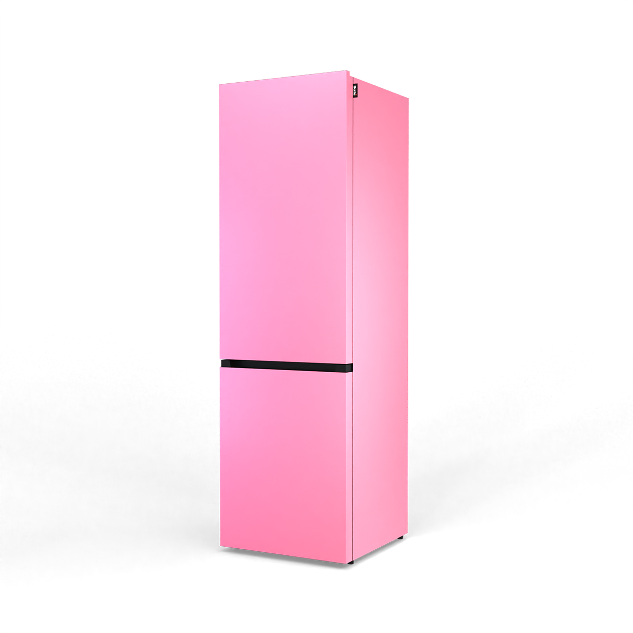 A pink refrigerator with two doors and a black handle.