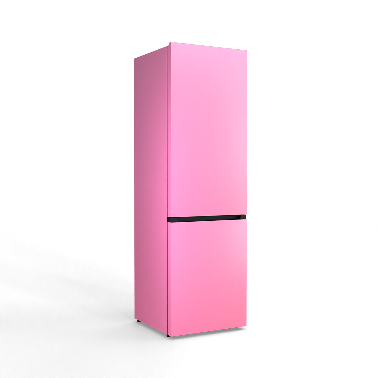 A narrow, pink refrigerator with a black stripe in the middle.