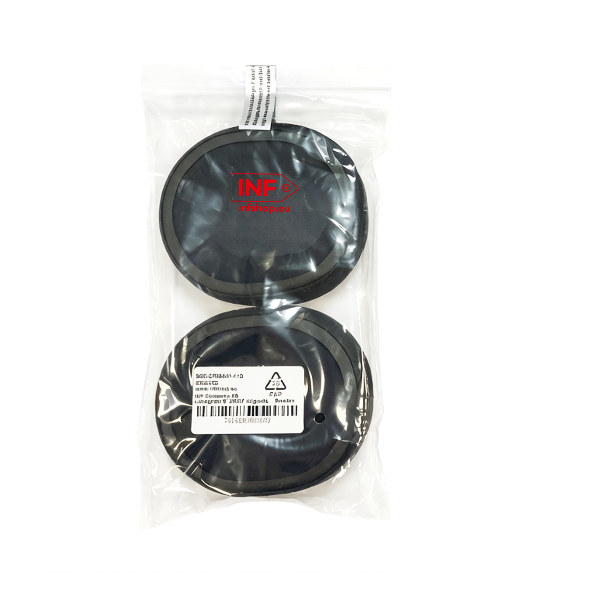 Zwei schwarze, runde Filter mit INF-Logo in einer Plastiktüte.
