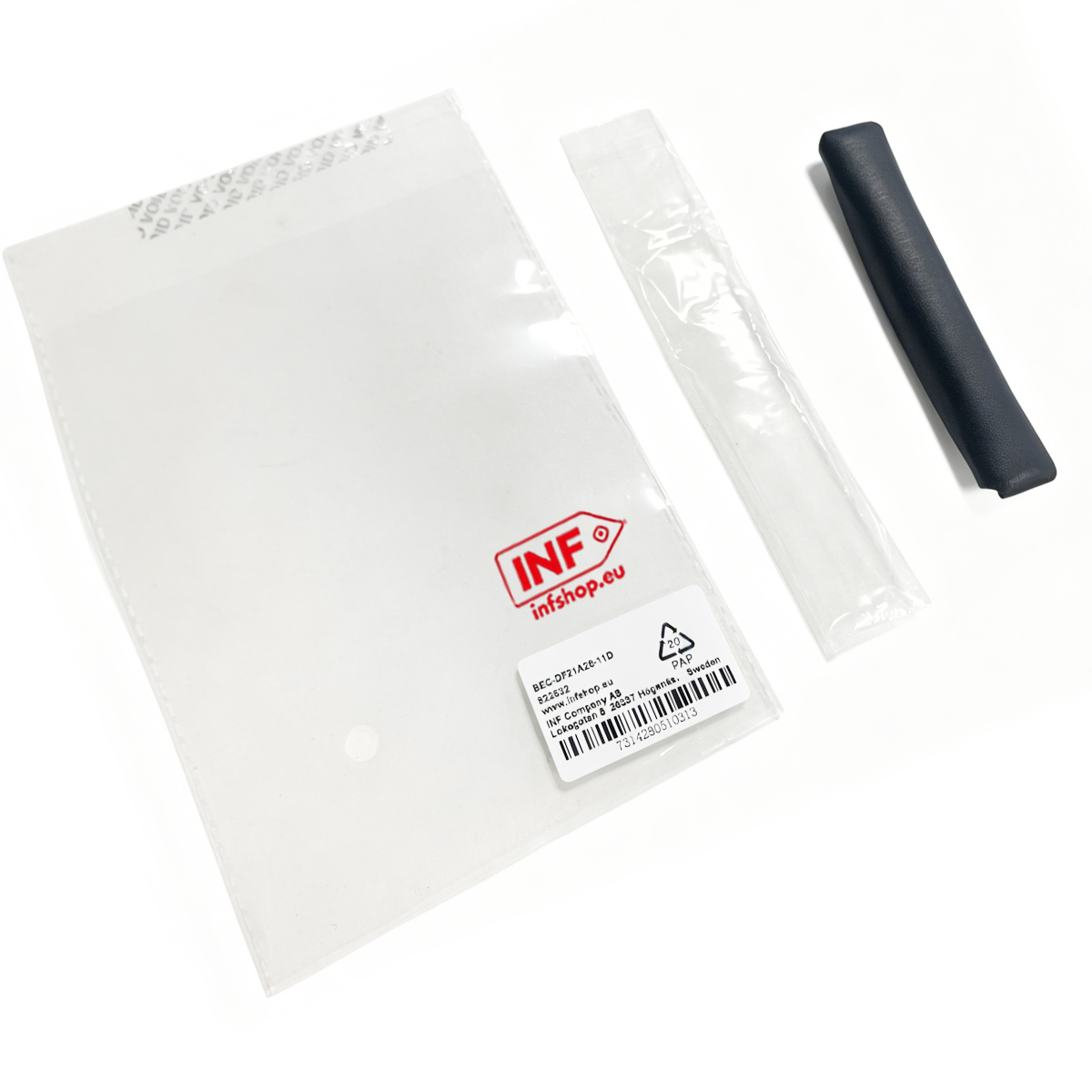 A clear bag with INF logo, a tube and a dark handle.