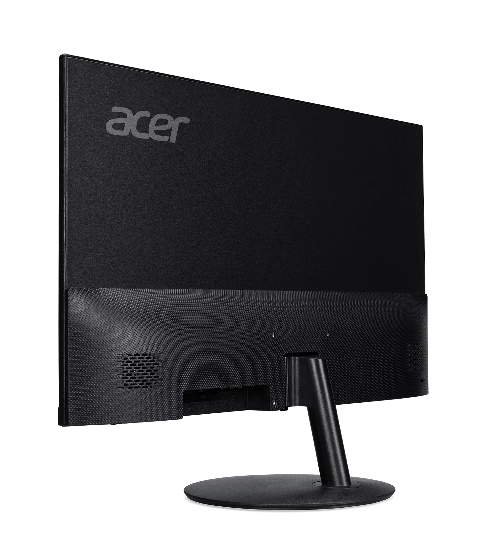 Vista posteriore di un monitor Acer nero con supporto e porte.
