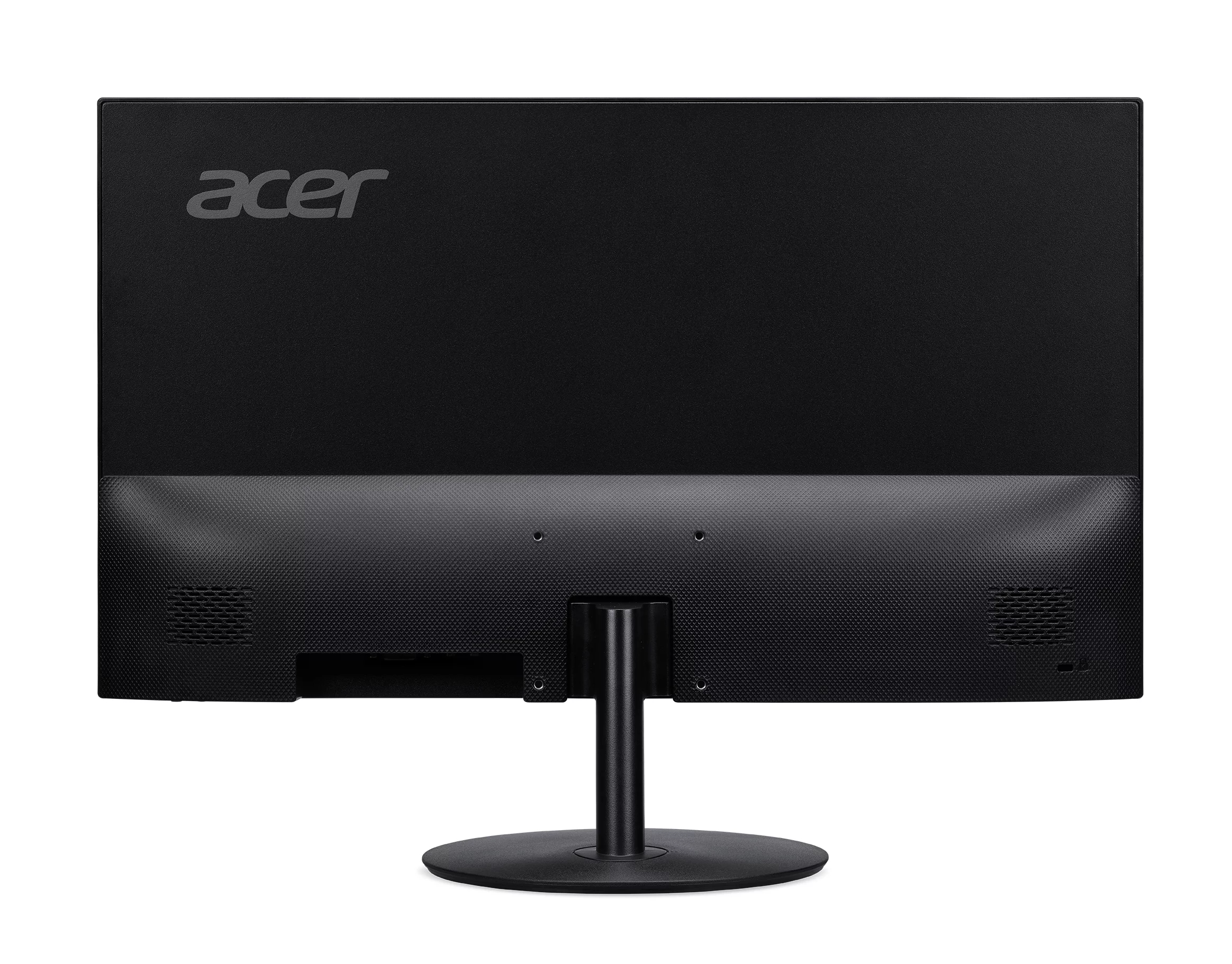 Vista posteriore di un monitor Acer nero con supporto, sfondo bianco.