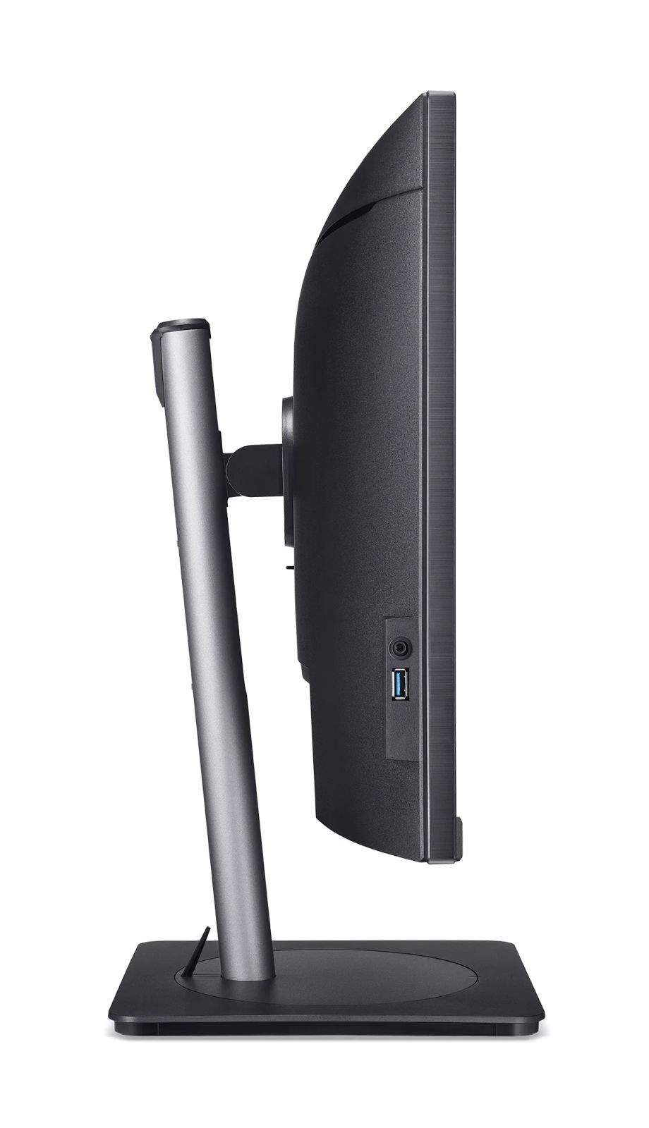 Vista laterale di un monitor nero con supporto argentato e porta USB.