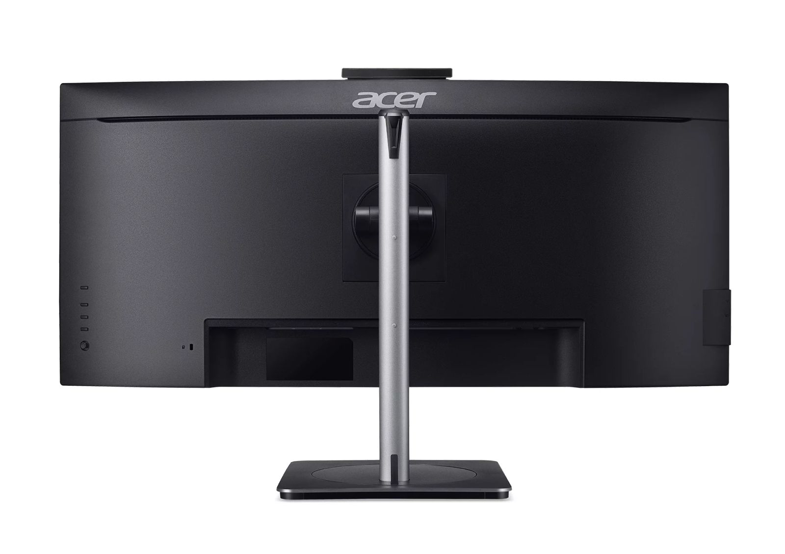 Retro di un monitor Acer nero con supporto argentato su sfondo bianco.