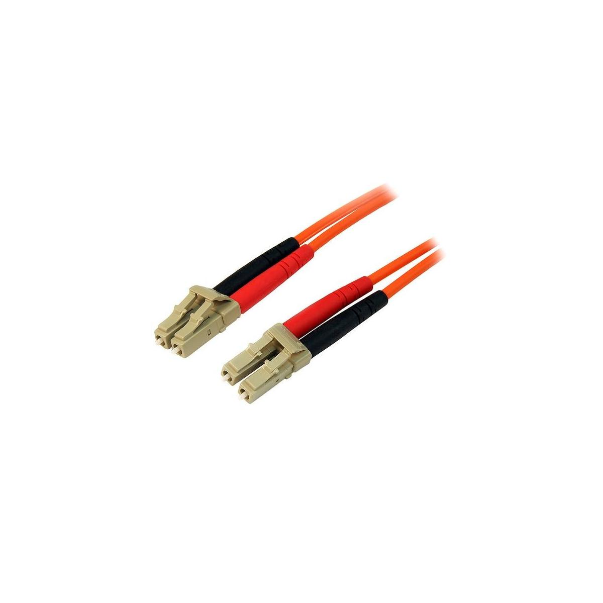 Due cavi in fibra ottica arancioni con connettori beige e guaine nero/rosse.