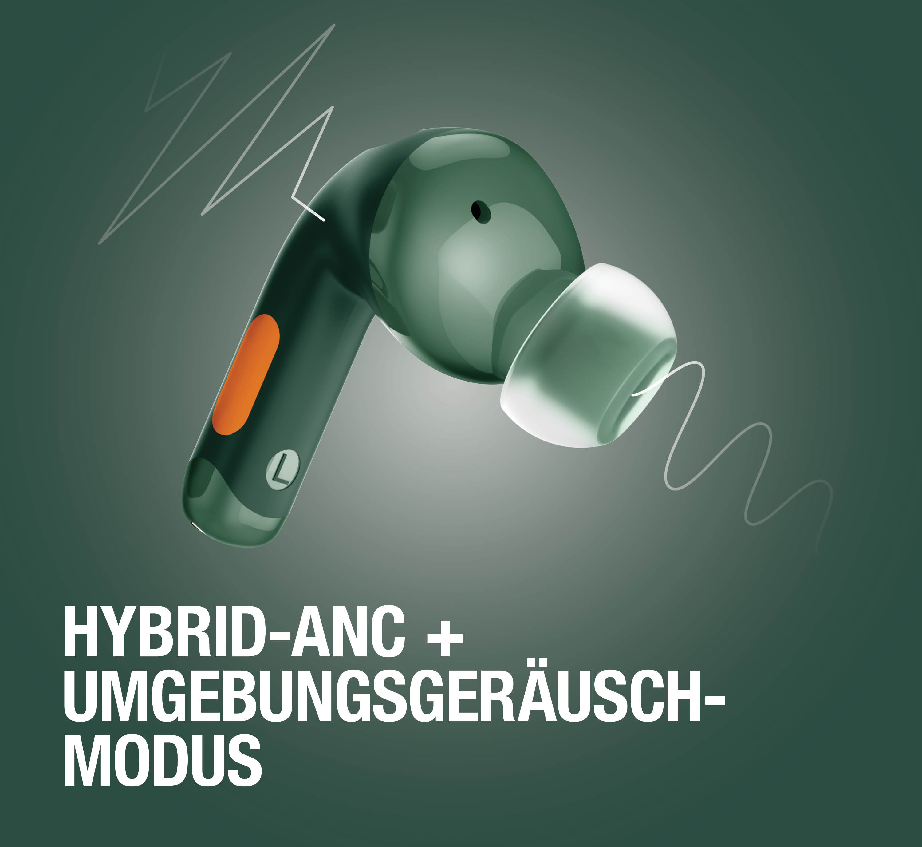 Grüner Kopfhörer mit oranger Akzentmarkierung und L-Symbol.