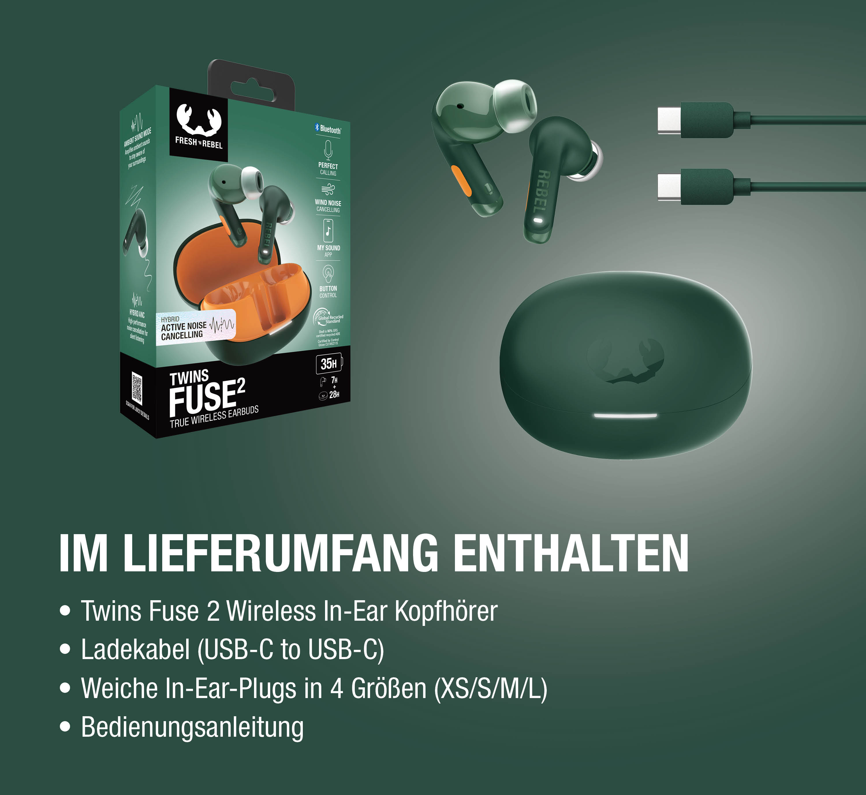 Grüne True Wireless Kopfhörer mit Ladecase und Kabel.
