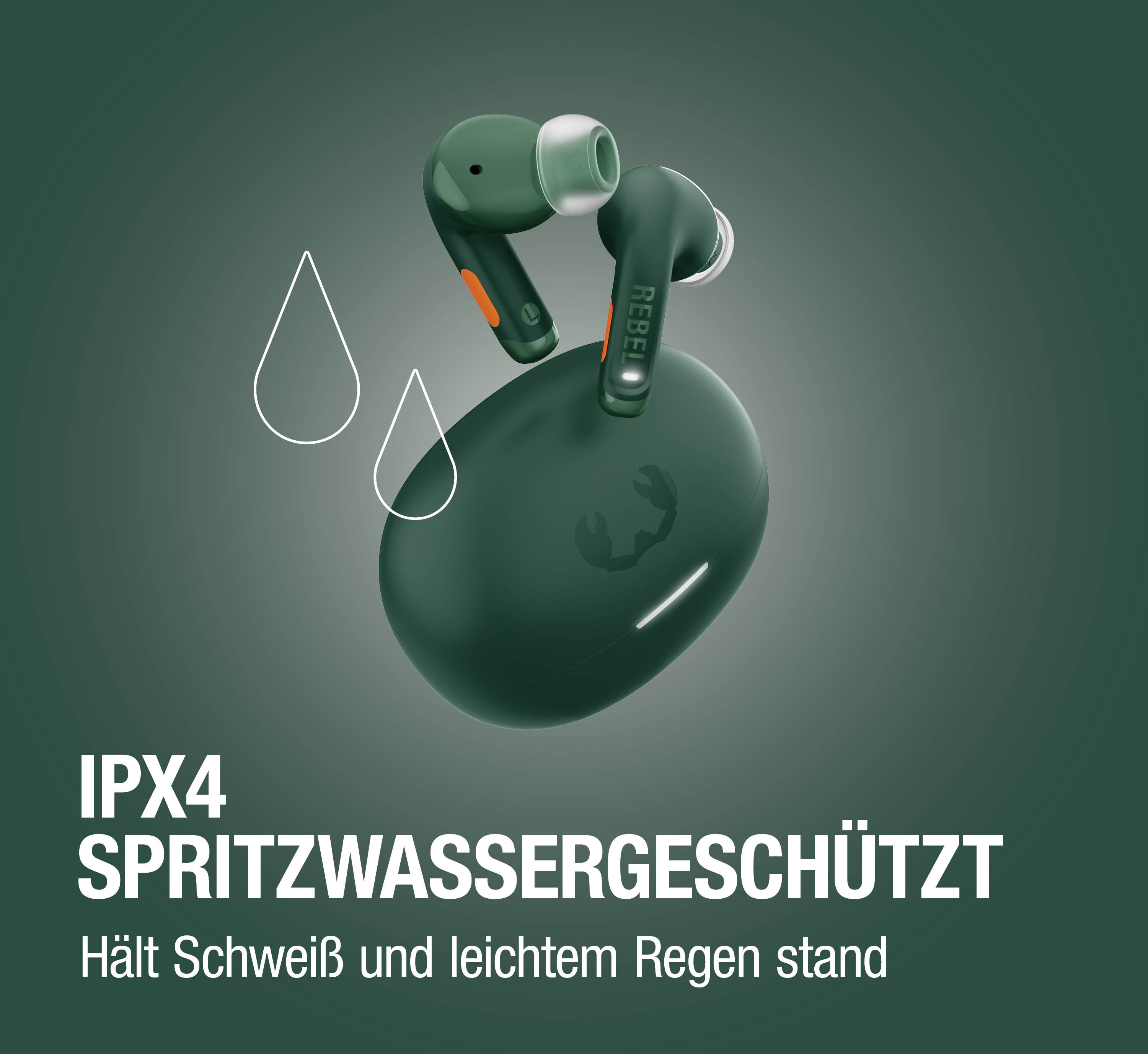 Grüne Kopfhörer mit Ladecase, IPX4 spritzwassergeschützt.