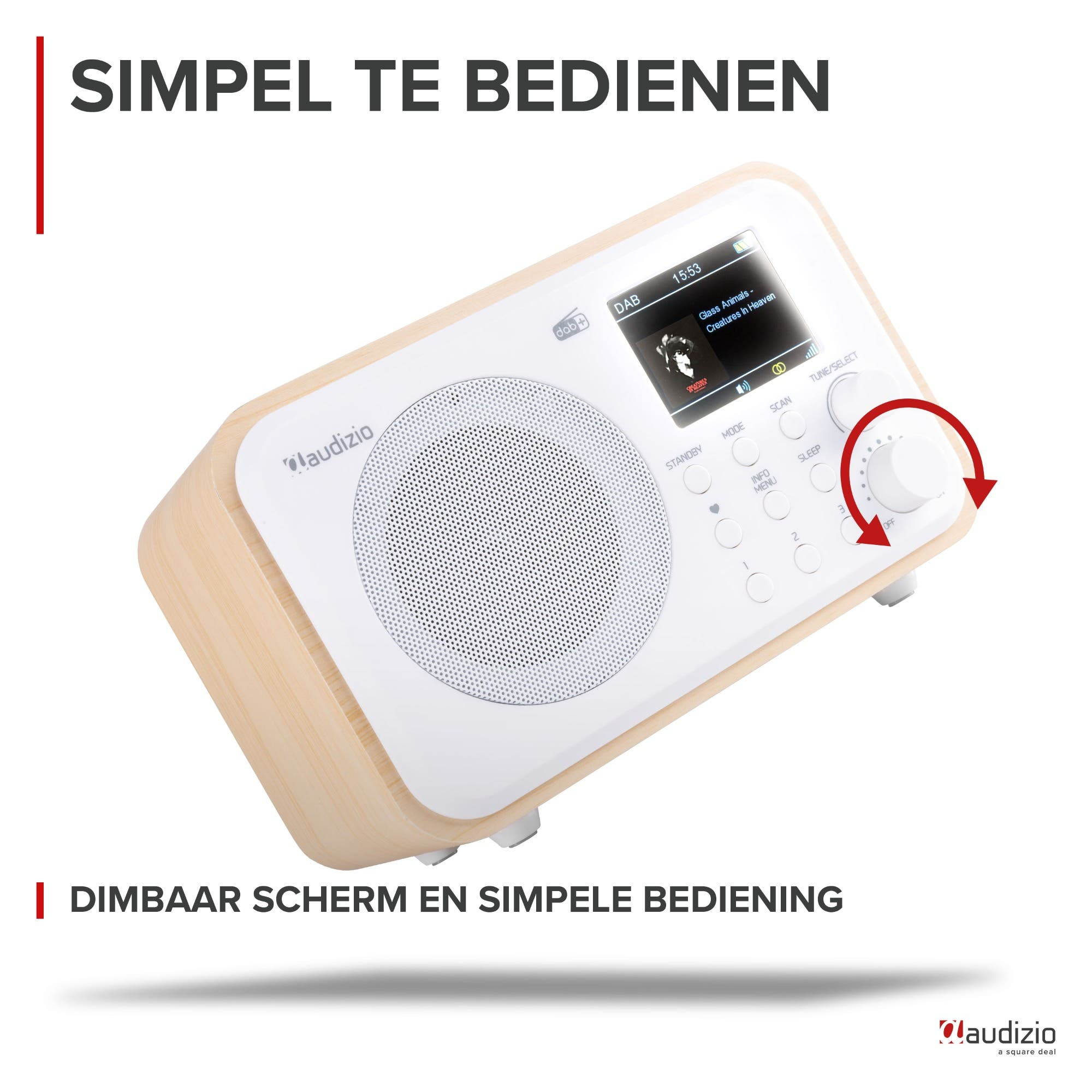 Una radio DAB blanca con detalles en madera y pantalla.