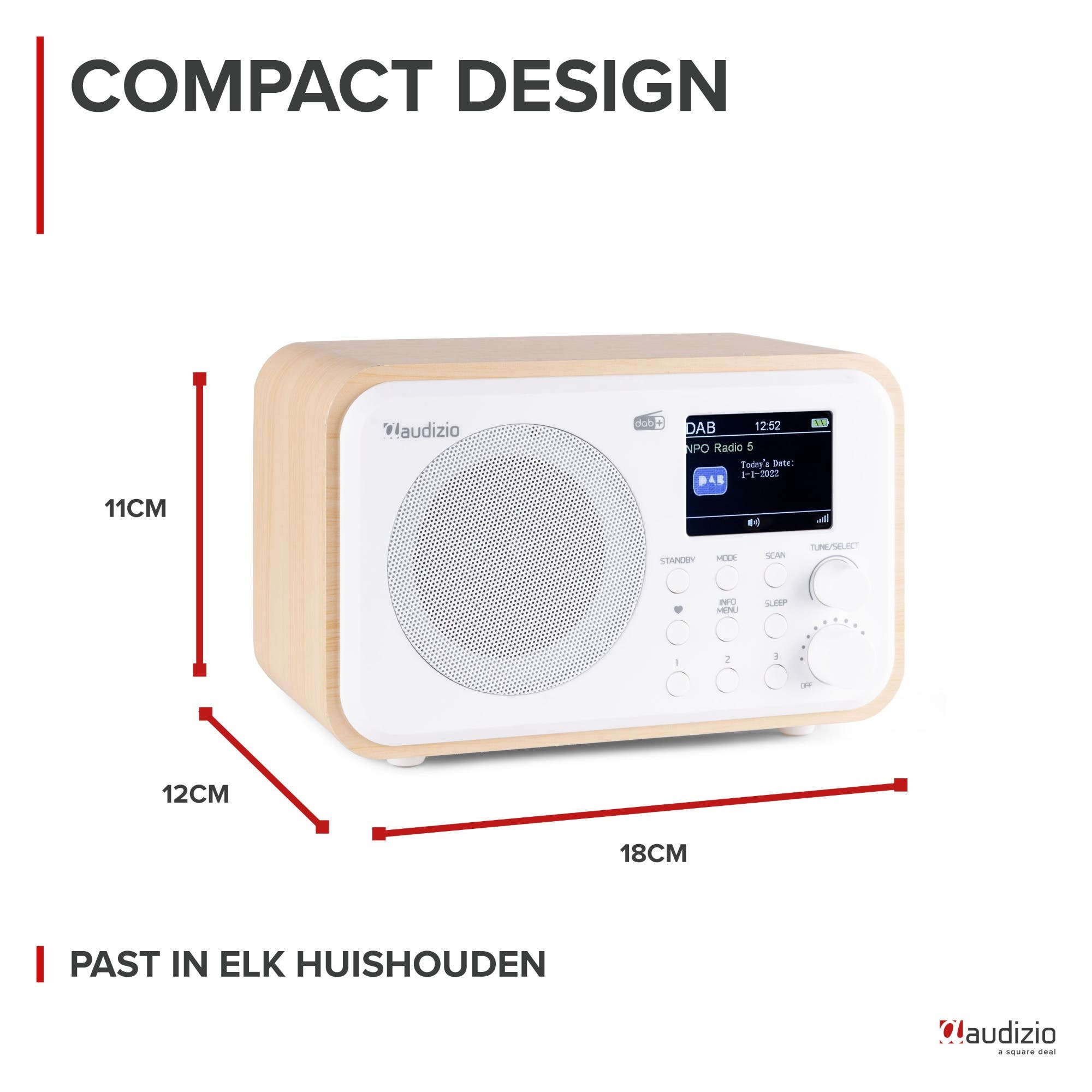 Radio DAB+ compacta con carcasa de madera, altavoz y pantalla.