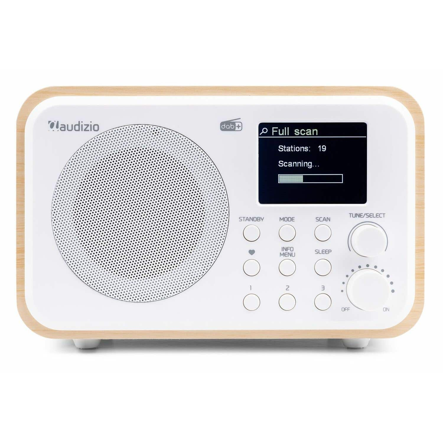 Radio Audizio DAB+ blanca con borde de madera, muestra 'Full scan' y 'Scanning...'.