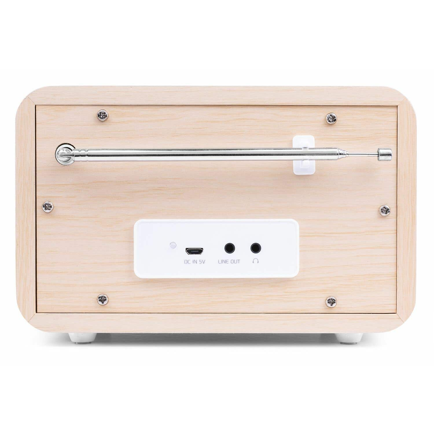 Parte trasera de radio de madera con antena, entrada CC y puertos de salida de línea.