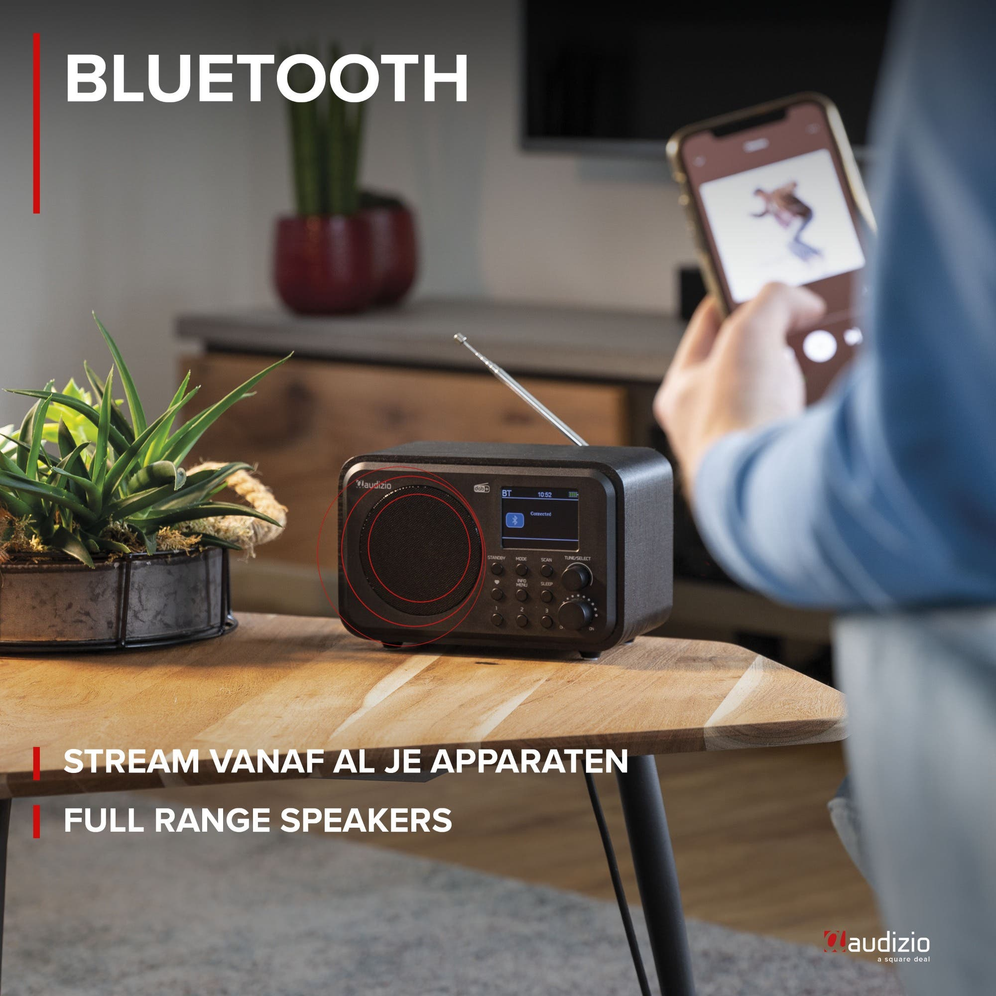 Una radio Bluetooth Audizio negra está sobre una mesa de madera junto a una planta.