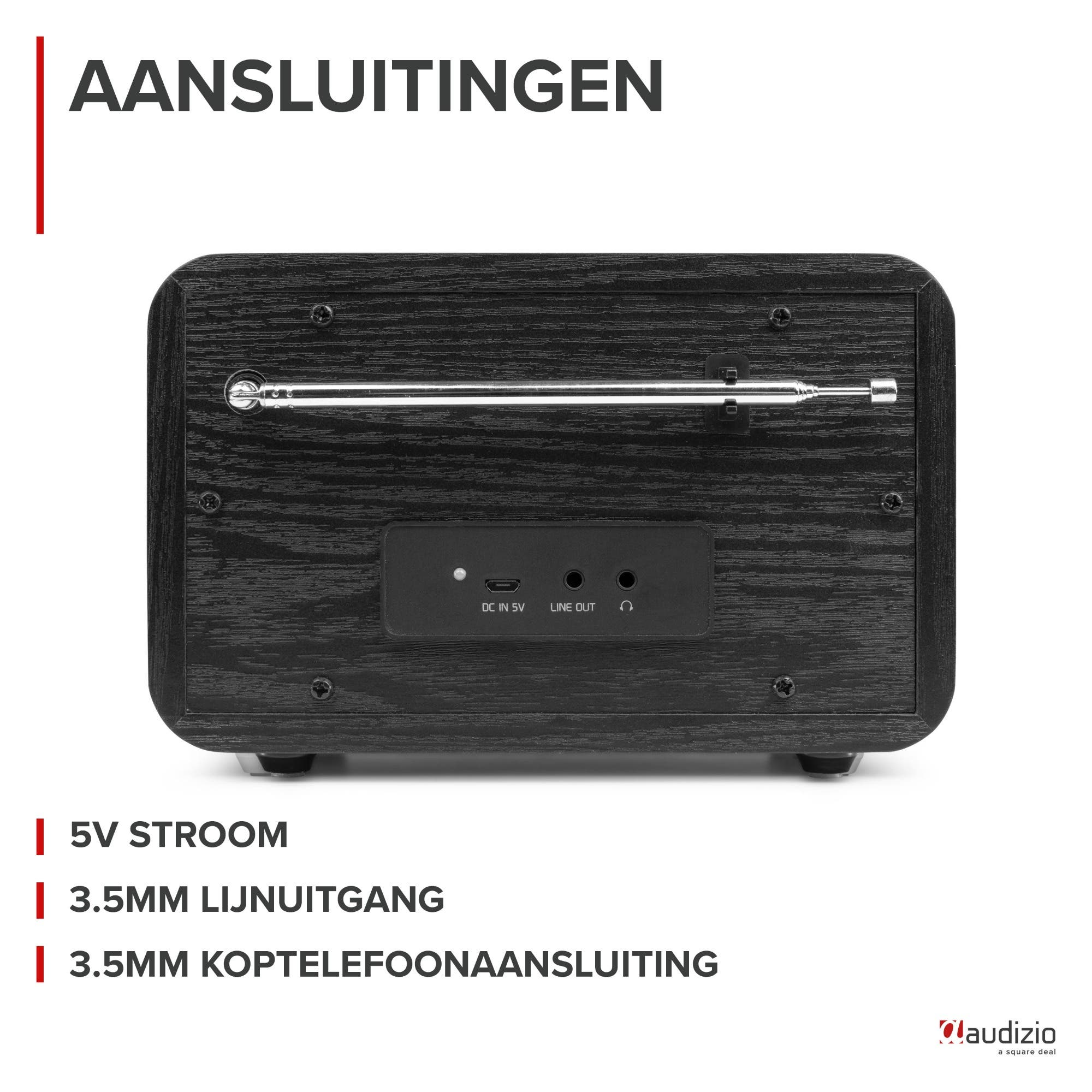 Parte trasera de radio de madera negra con puertos: 5V DC, Line Out, Auriculares.