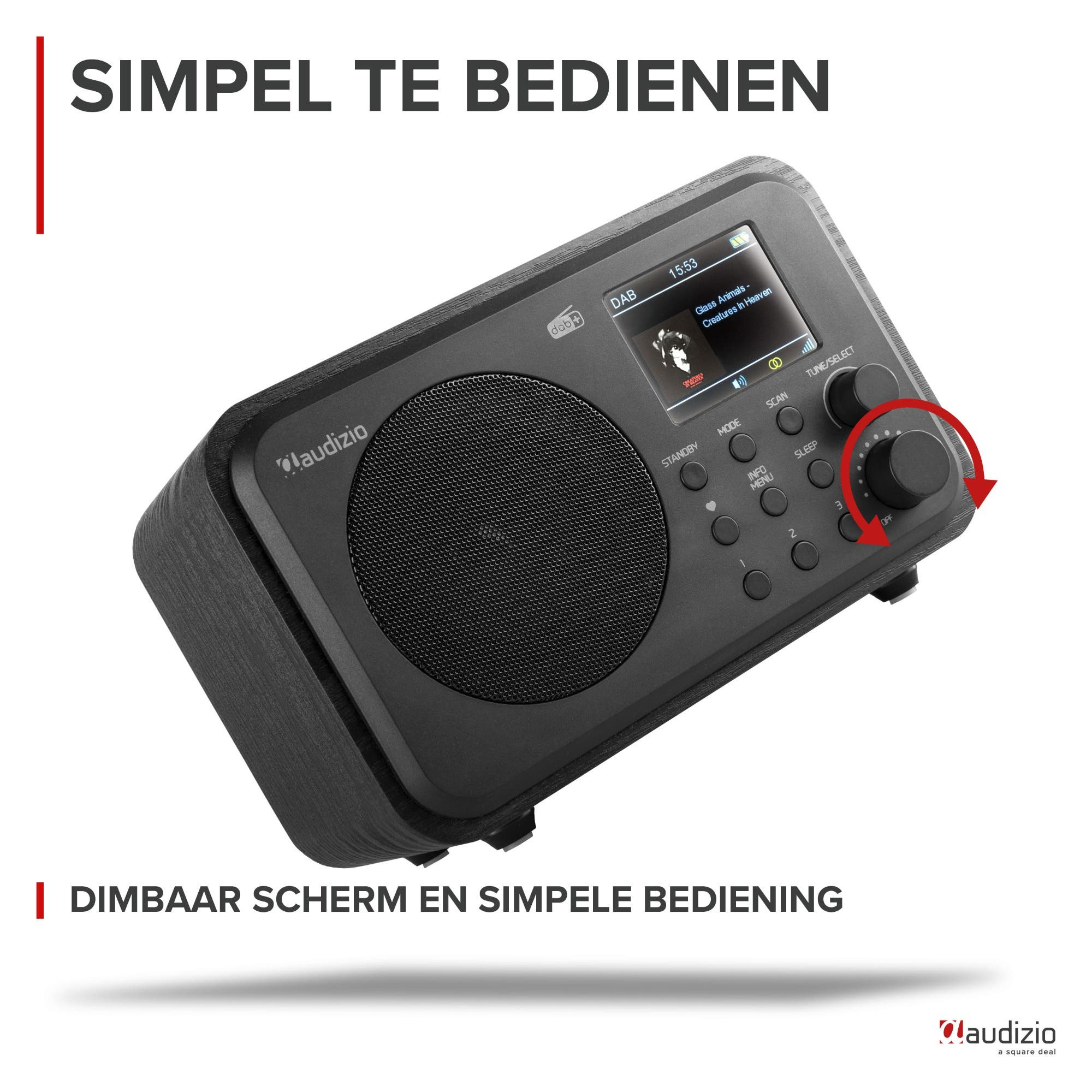 Una radio DAB+ Audizio negra con dial giratorio y pantalla.