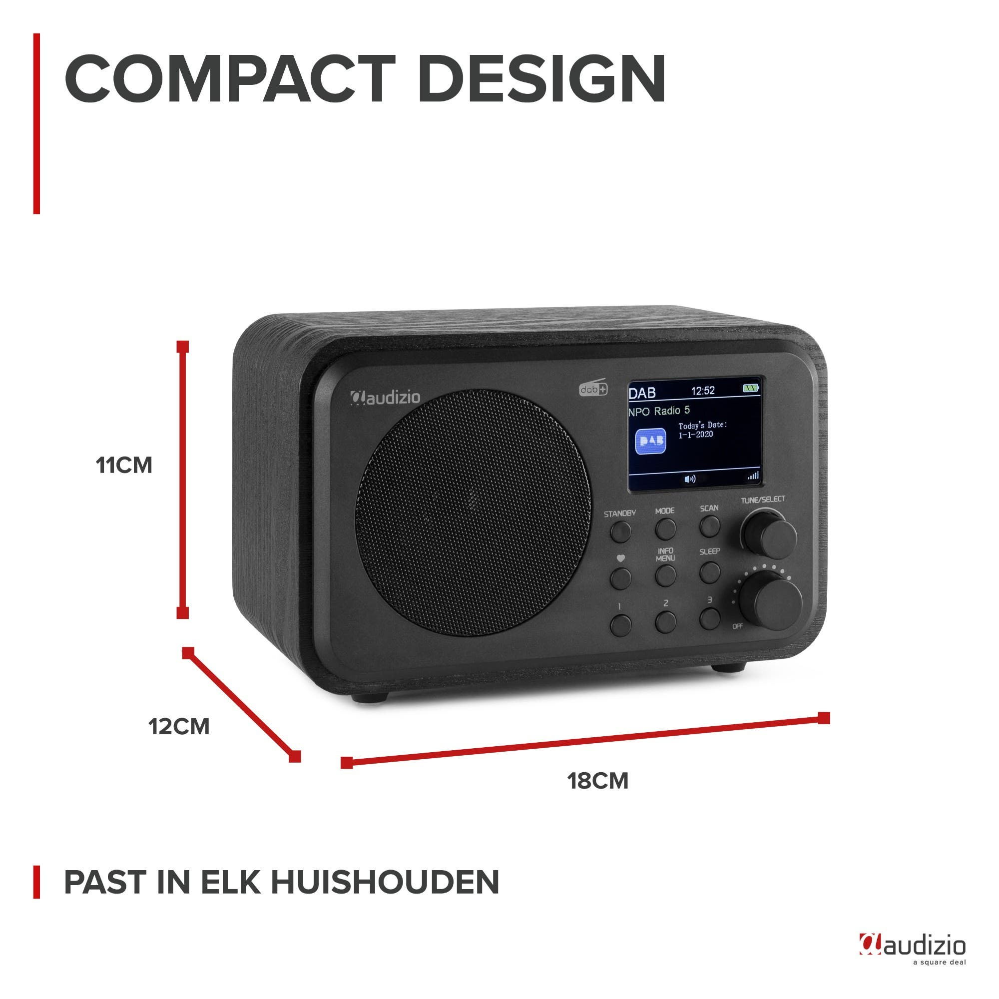 Una radio DAB Audizio negra con pantalla, altavoz y botones de control.