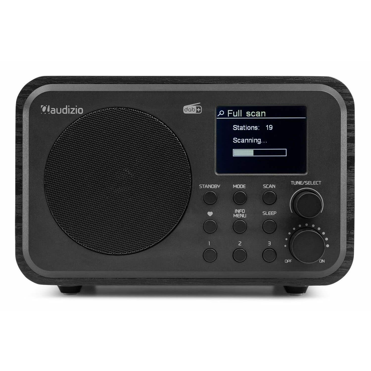 Una radio DAB+ Audizio negra con pantalla que muestra 'Full scan' y 'Scanning...'