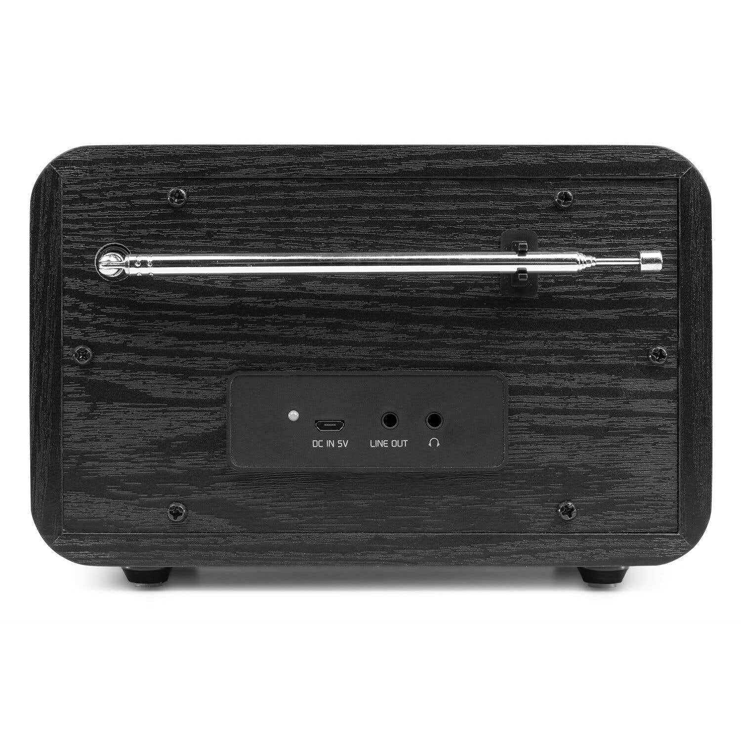 Radio negra con antena extraíble y panel de conexiones.