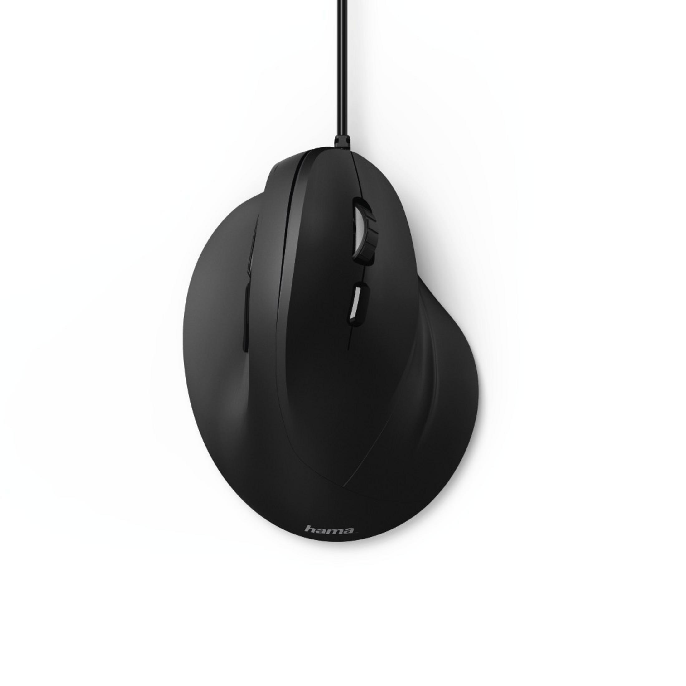 Ratón ergonómico negro con cable y rueda de desplazamiento sobre fondo blanco.