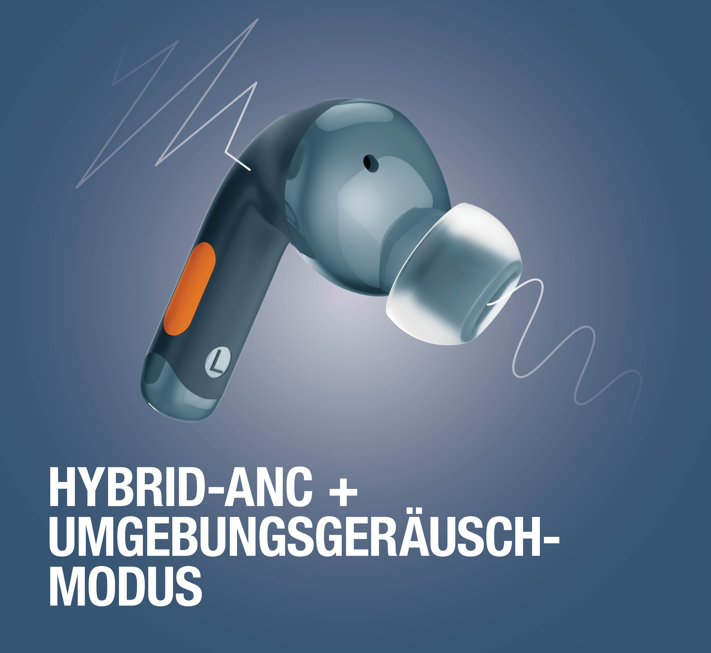 Ein blauer Kopfhörer mit orangefarbenem Akzent und einem "L"-Symbol.