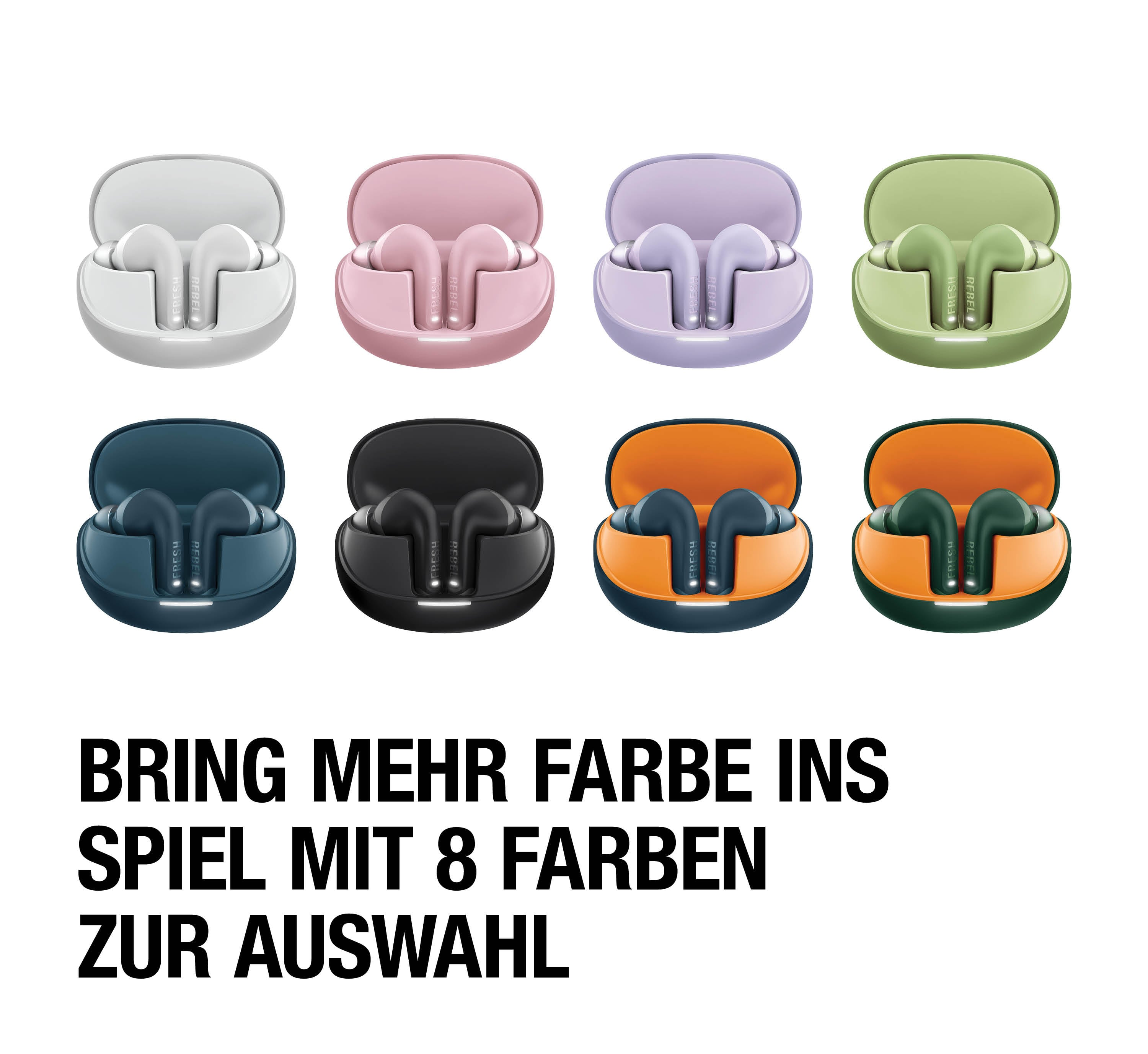 Acht verschiedene Farben von kabellosen Ohrhörern in ihren Ladeetuis.