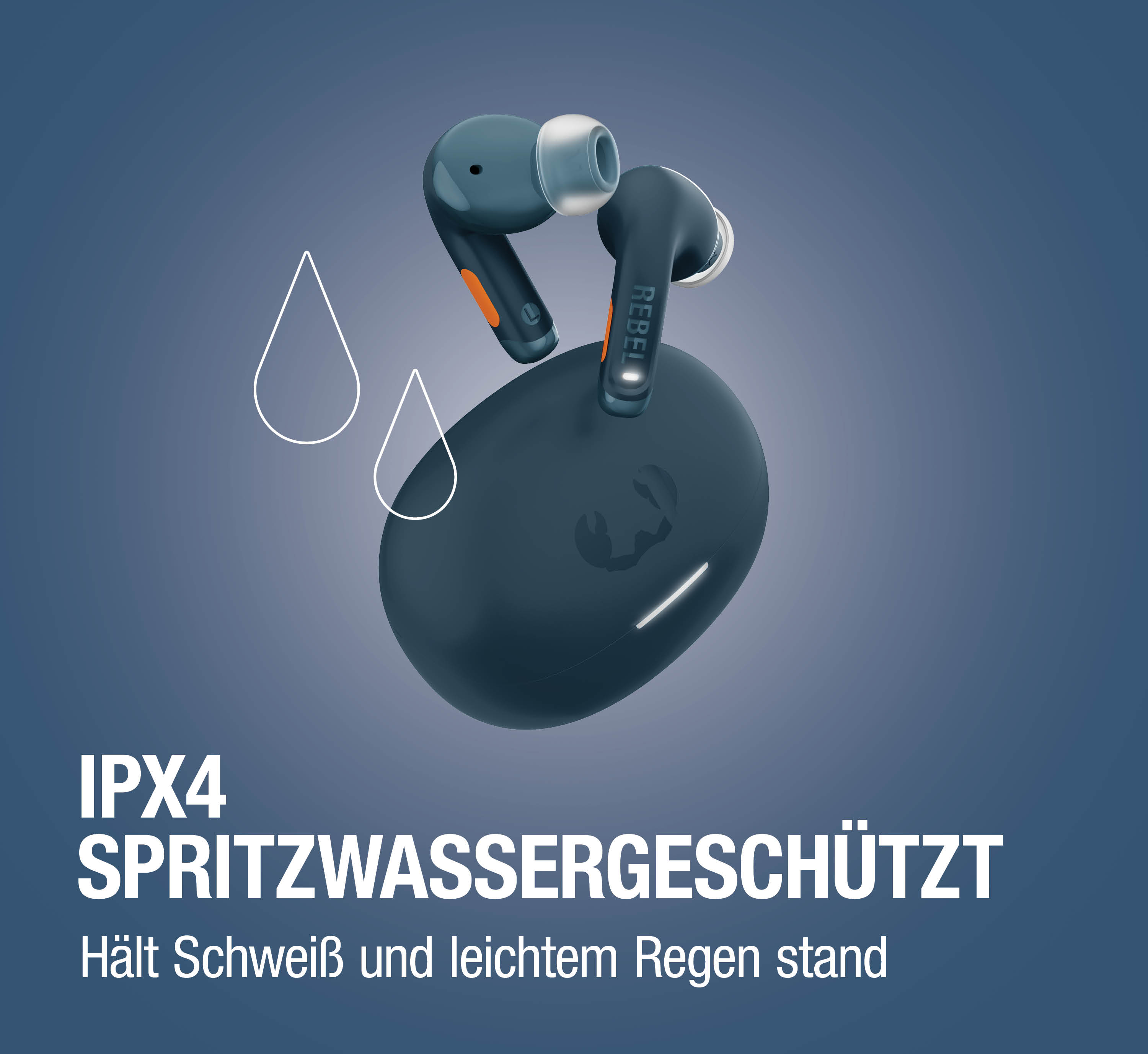 Dunkelblaue kabellose Ohrhörer mit Ladecase, IPX4 spritzwassergeschützt.