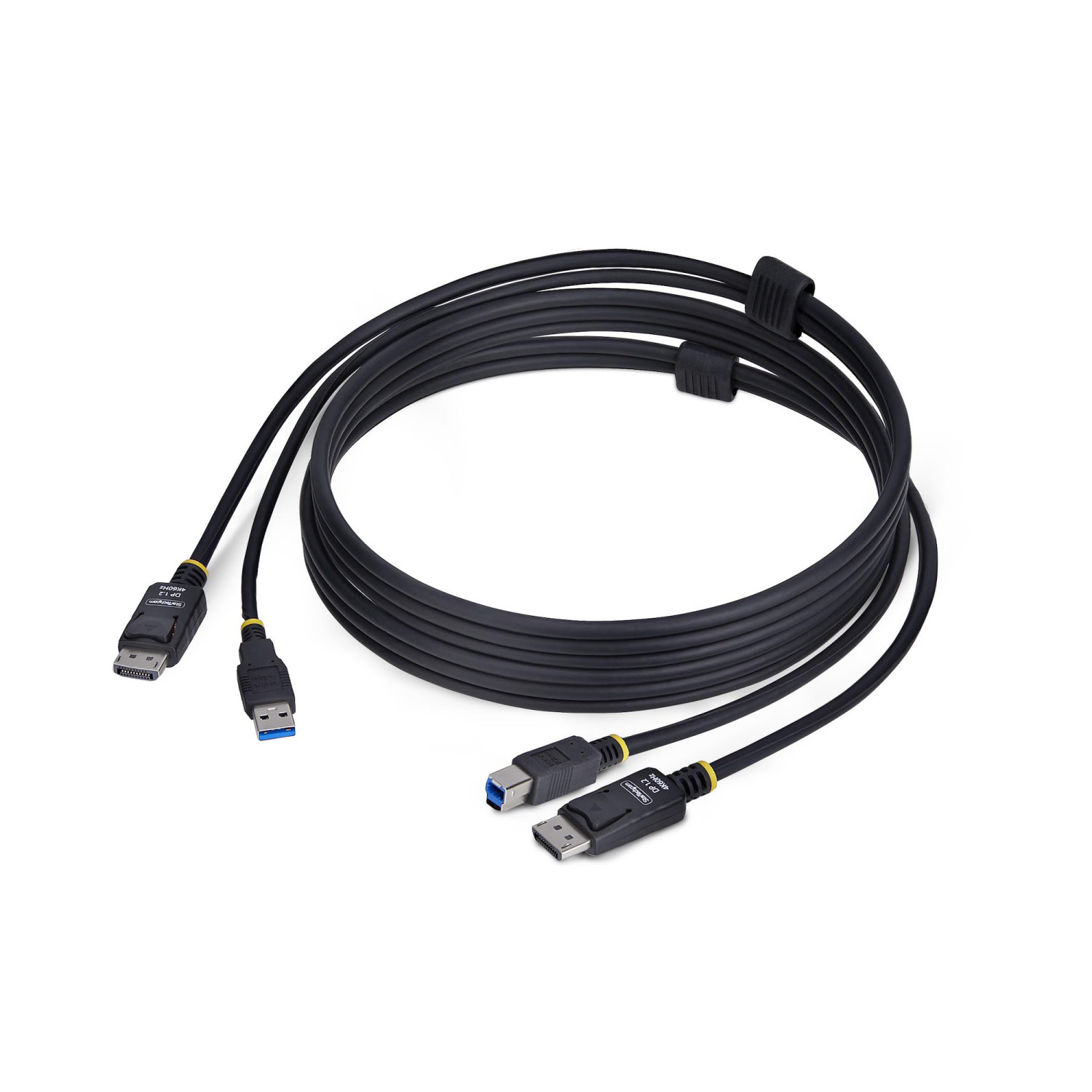 Cavo nero con connettori DisplayPort e USB, avvolto su sfondo bianco.