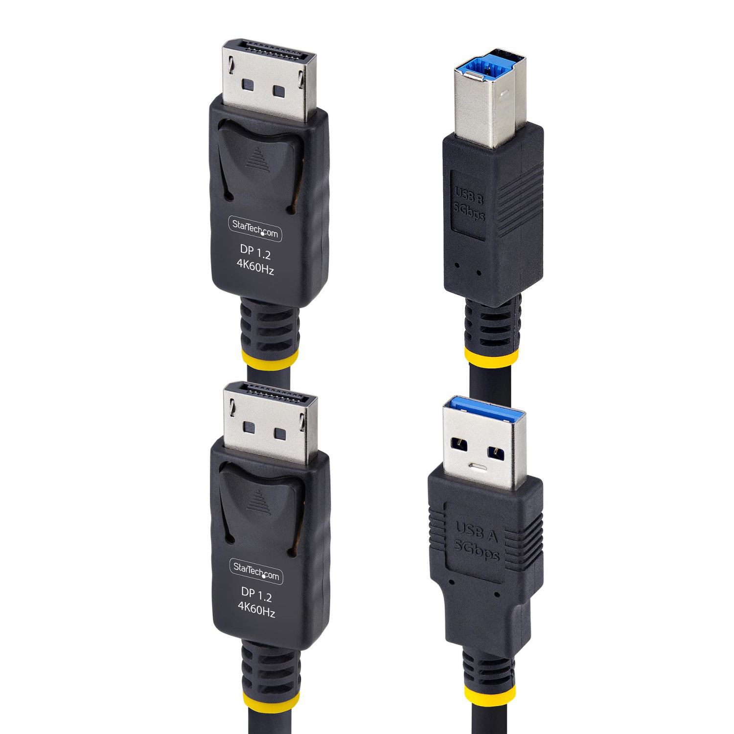 Due cavi neri con connettori DisplayPort e USB-A, sfondo bianco.