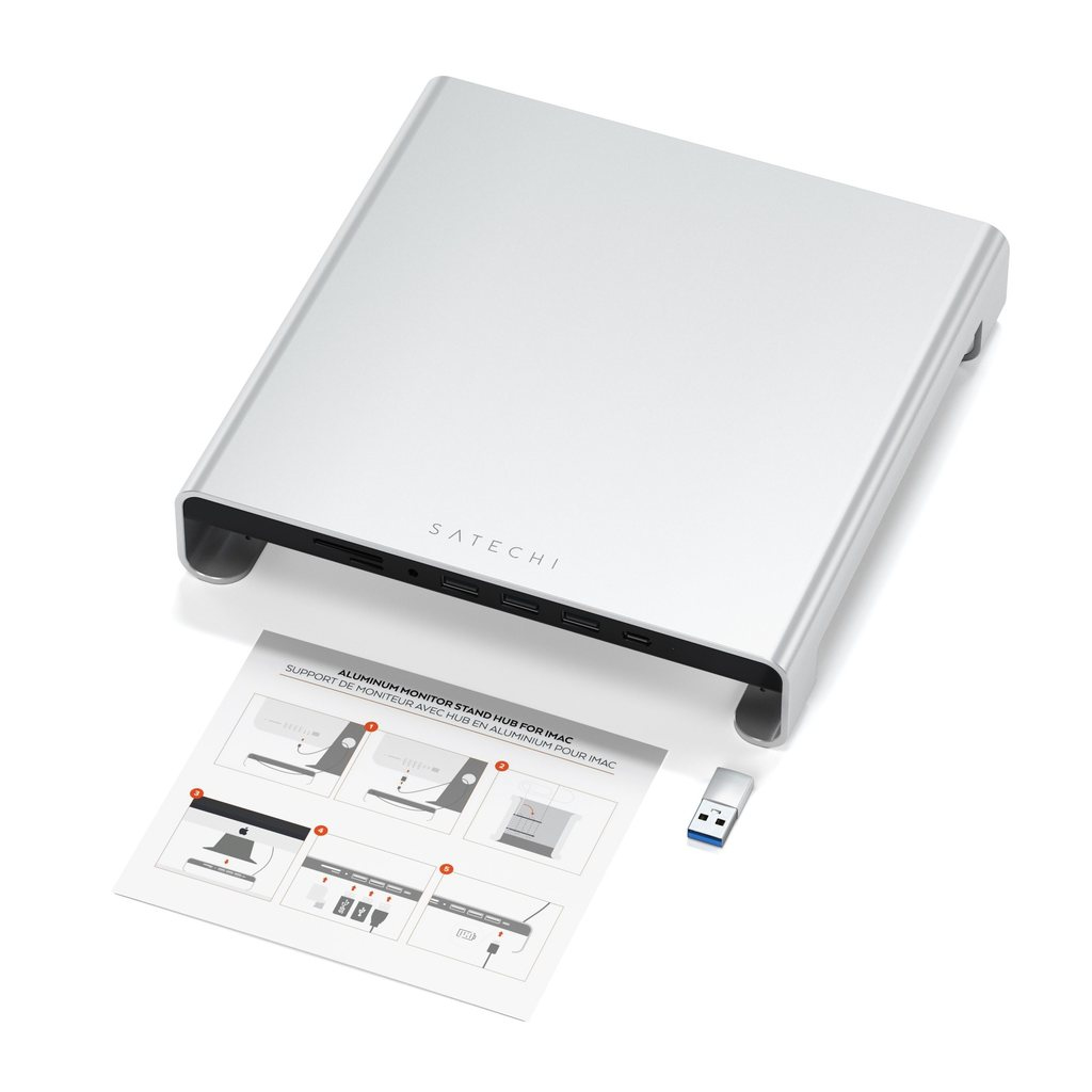Supporto Satechi argentato per monitor con hub e istruzioni.