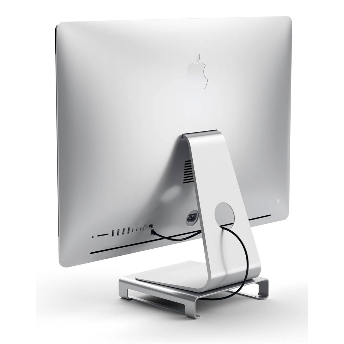 Vista posteriore di un iMac argentato, con porte e logo Apple.