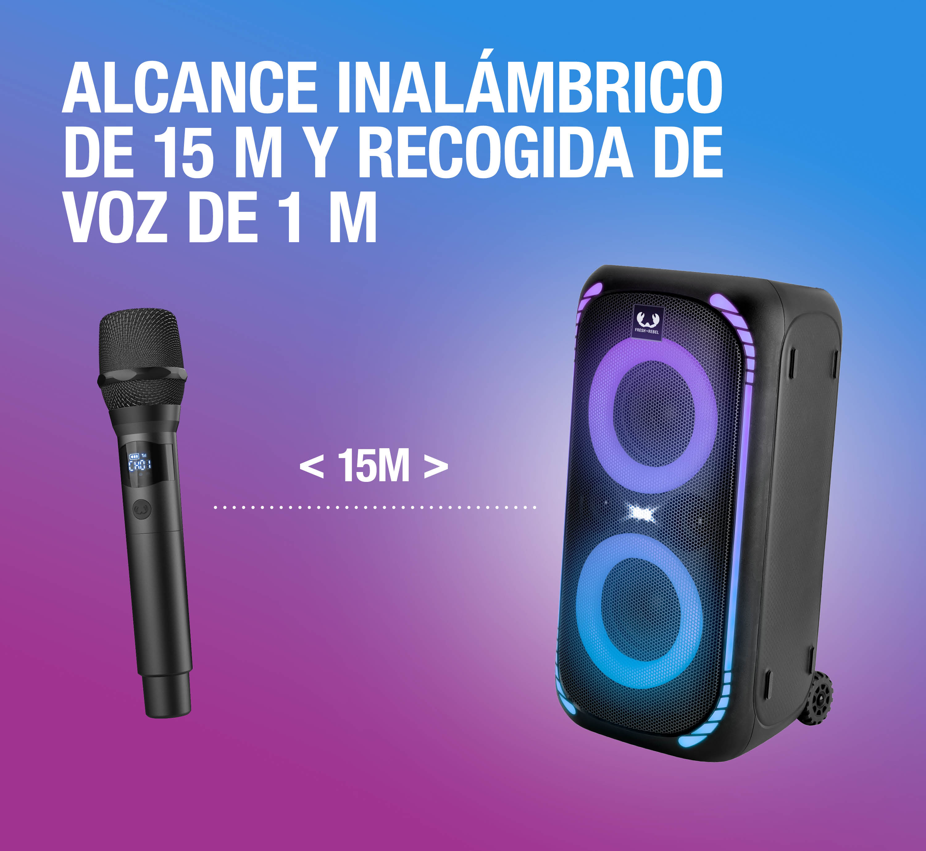 Un micrófono negro y un altavoz con luces azules y moradas.