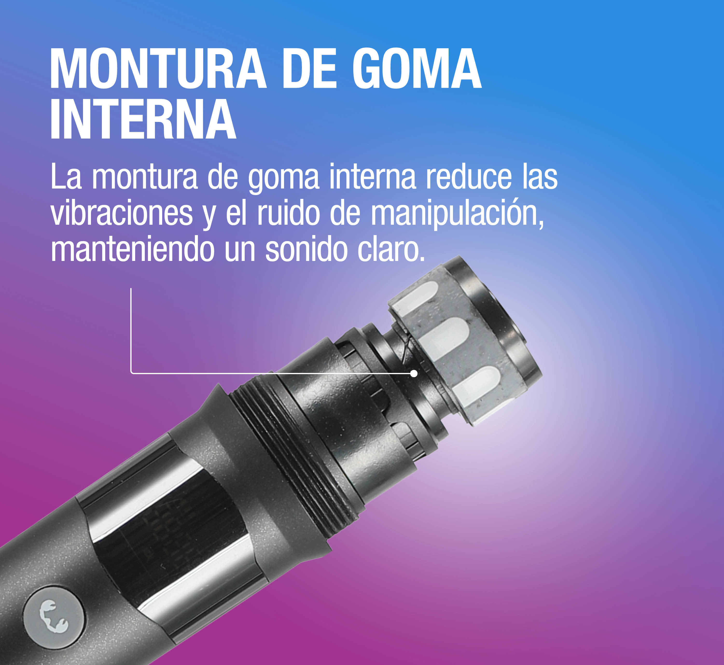 Primer plano de micrófono negro con montura de goma. Fondo azul y morado.