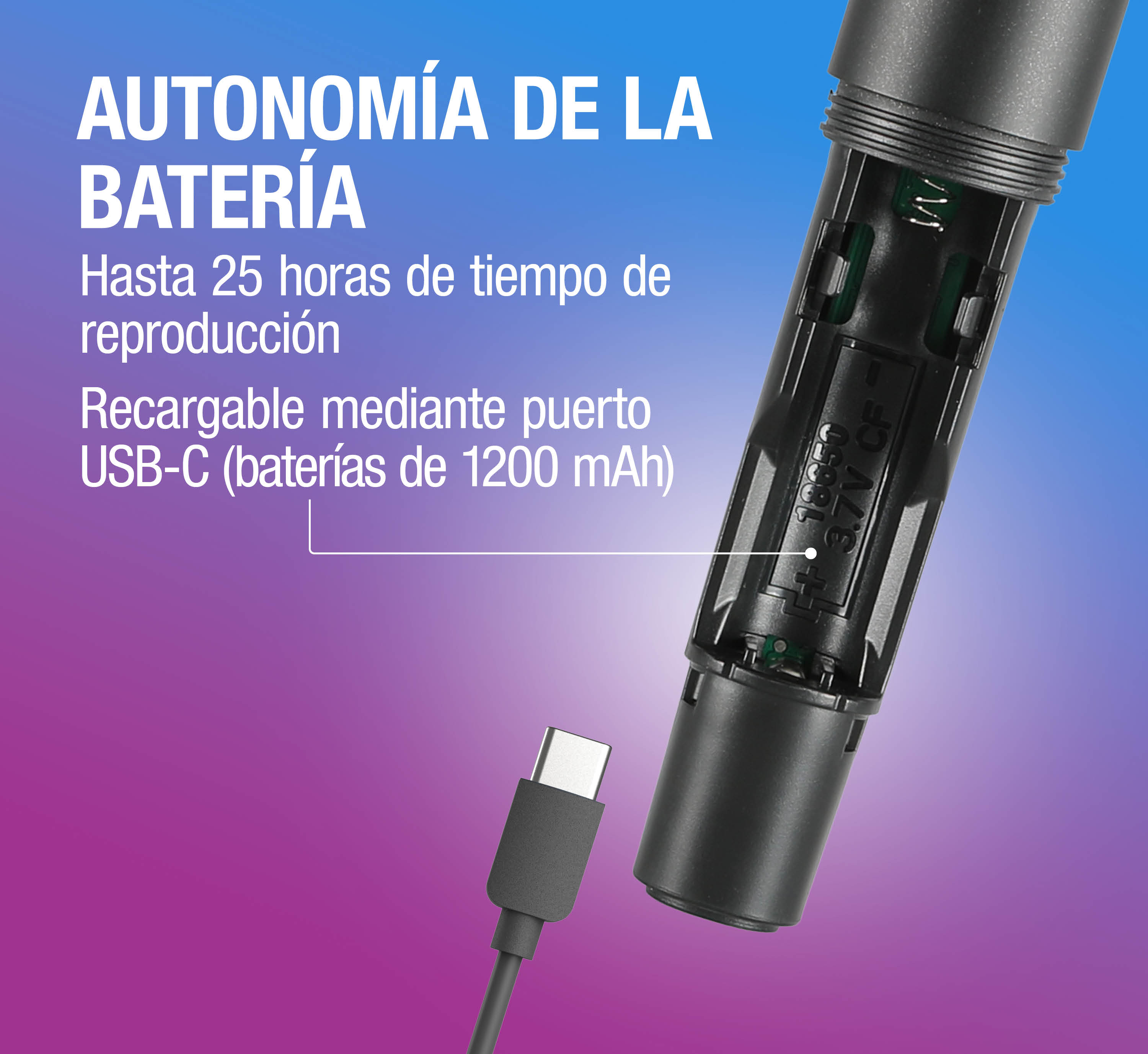 Primer plano de un micrófono con puerto USB-C y compartimento de batería.