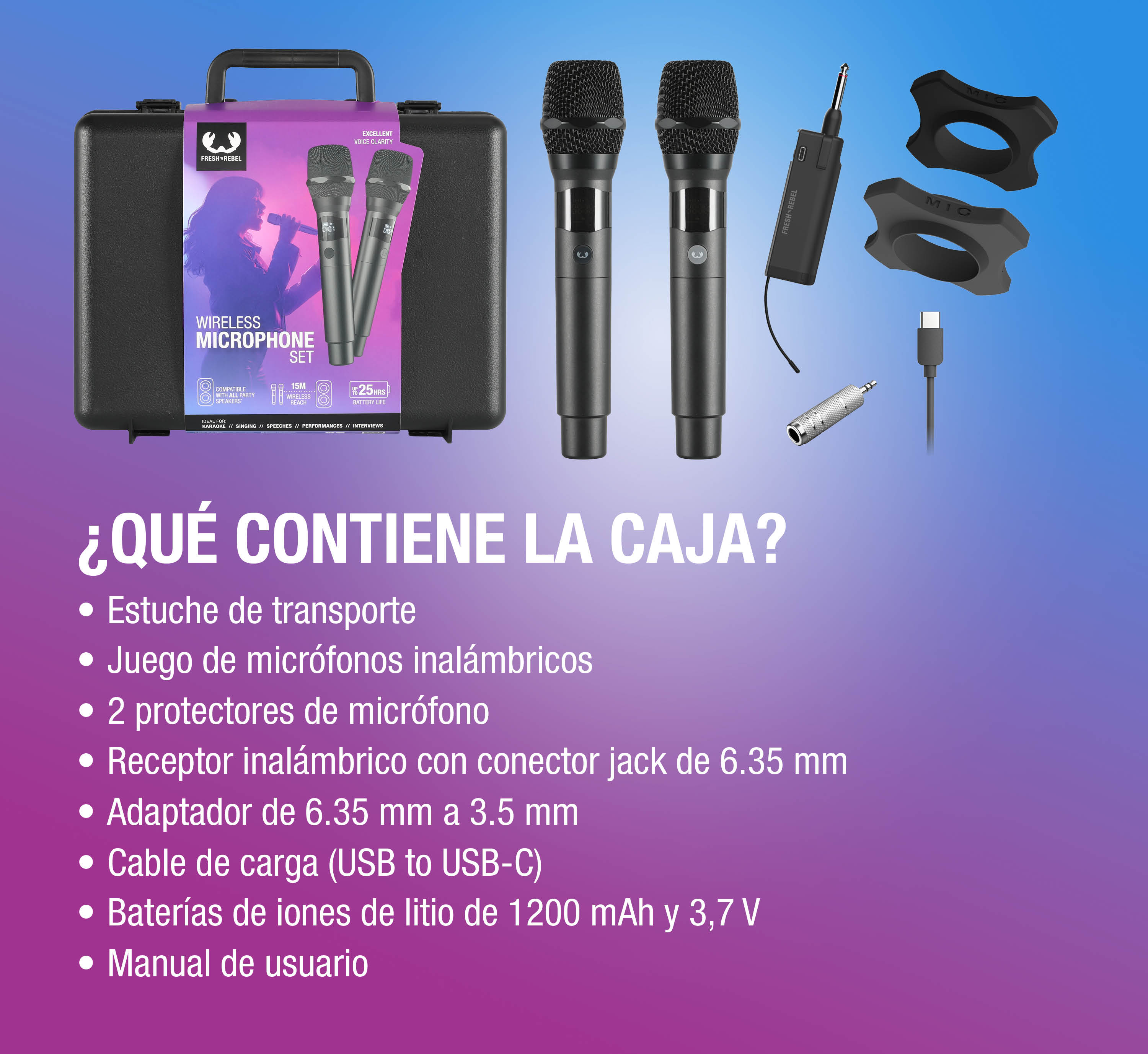 Un estuche con dos micrófonos, receptor, adaptadores, cable y otros accesorios.