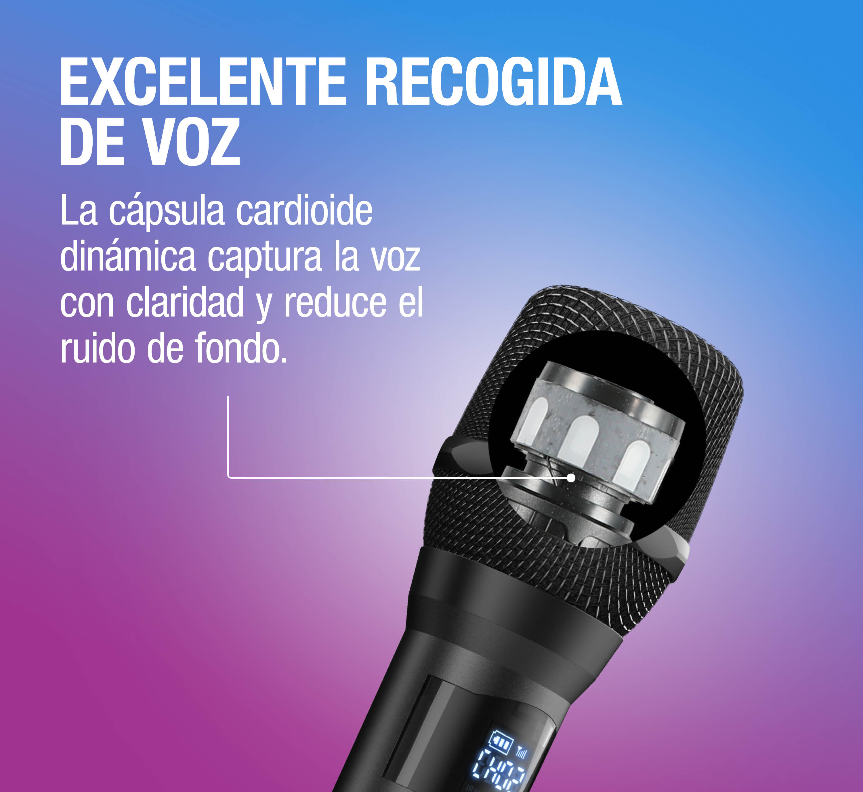 Un micrófono negro con una cabeza detallada y una pantalla pequeña.