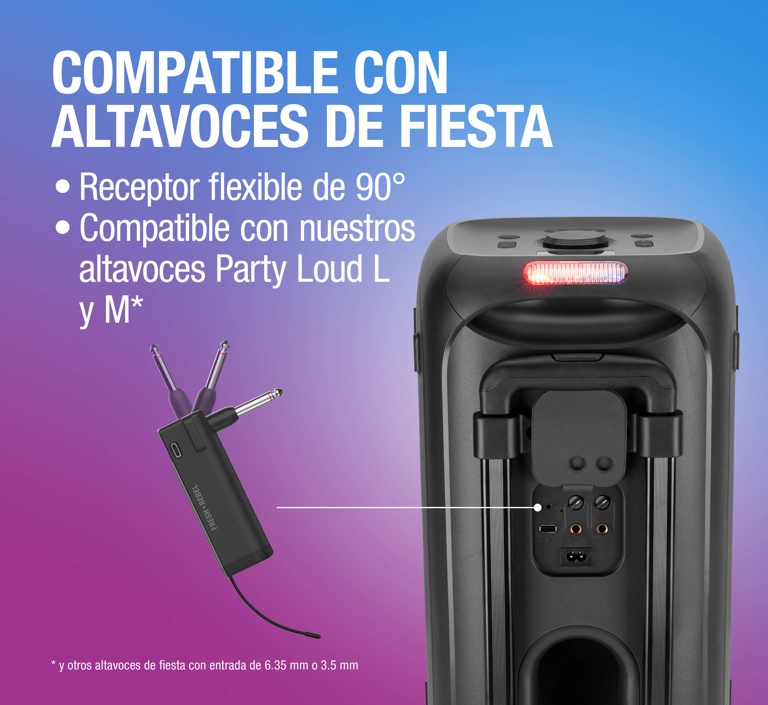 Un altavoz negro con puertos y un receptor flexible con cables.