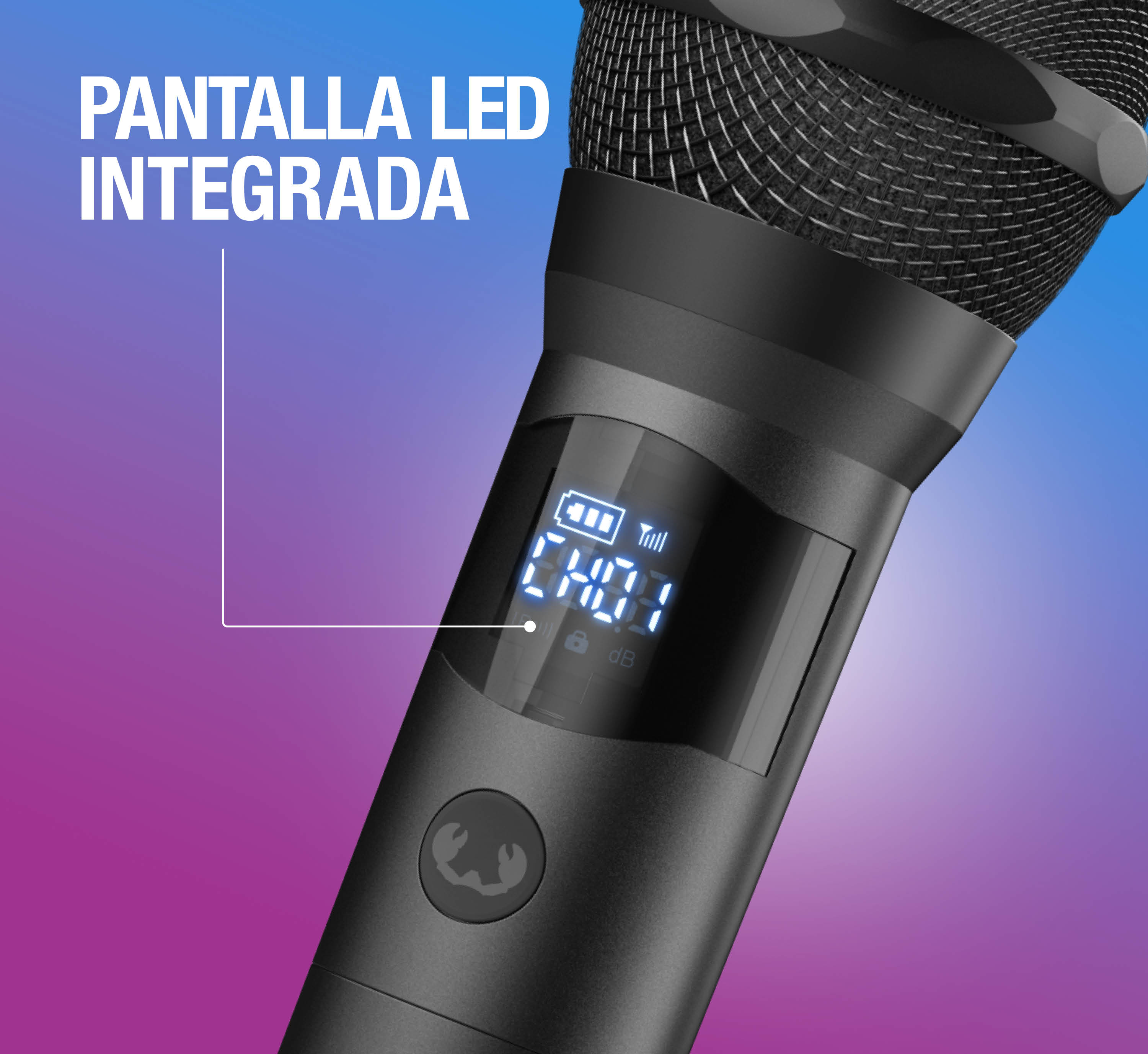 Micrófono negro con pantalla LED integrada que muestra "CH01" y nivel de batería.