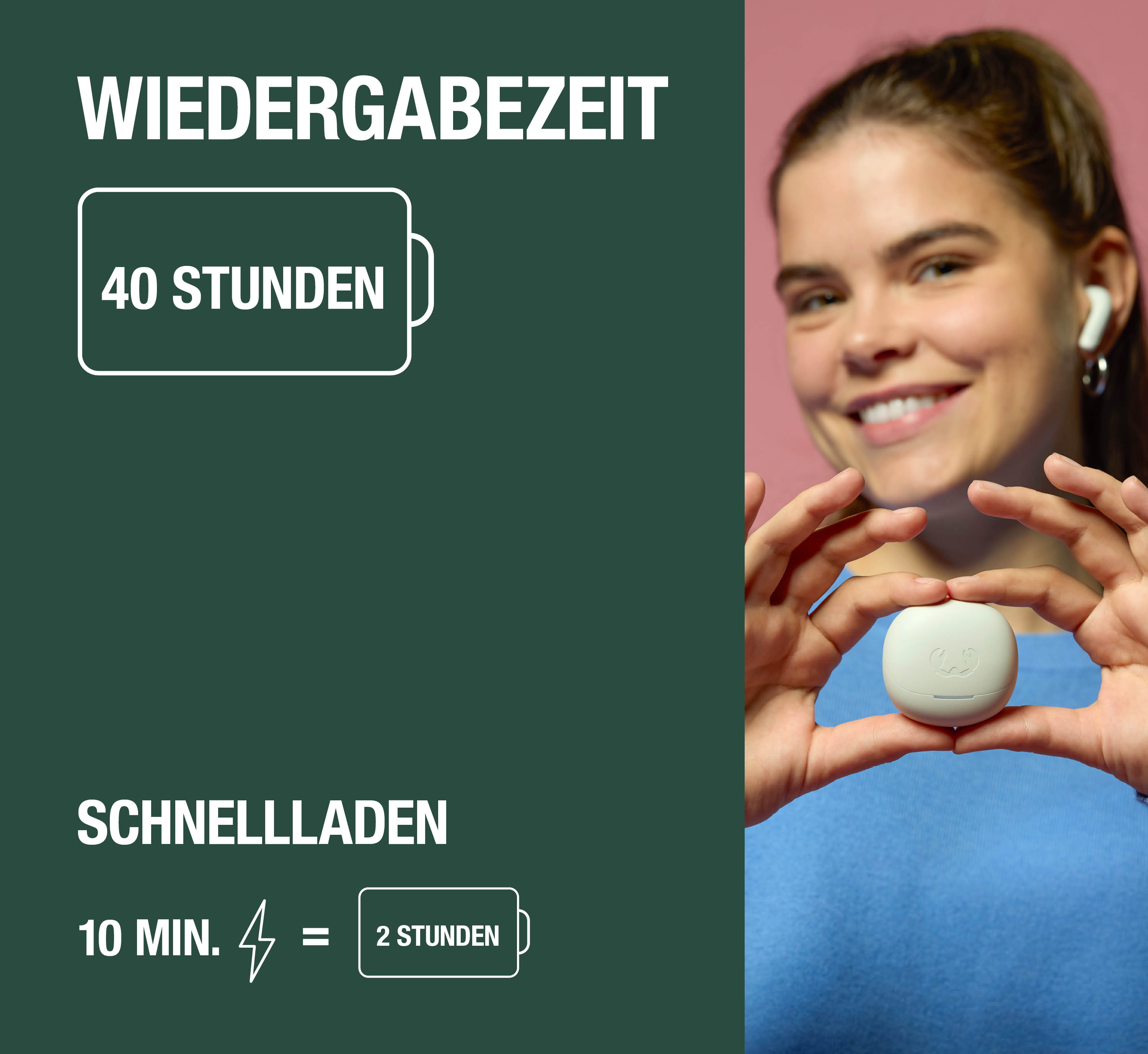 Wiedergabezeit: 40 Std. Schnellladen: 10 Min. = 2 Std.