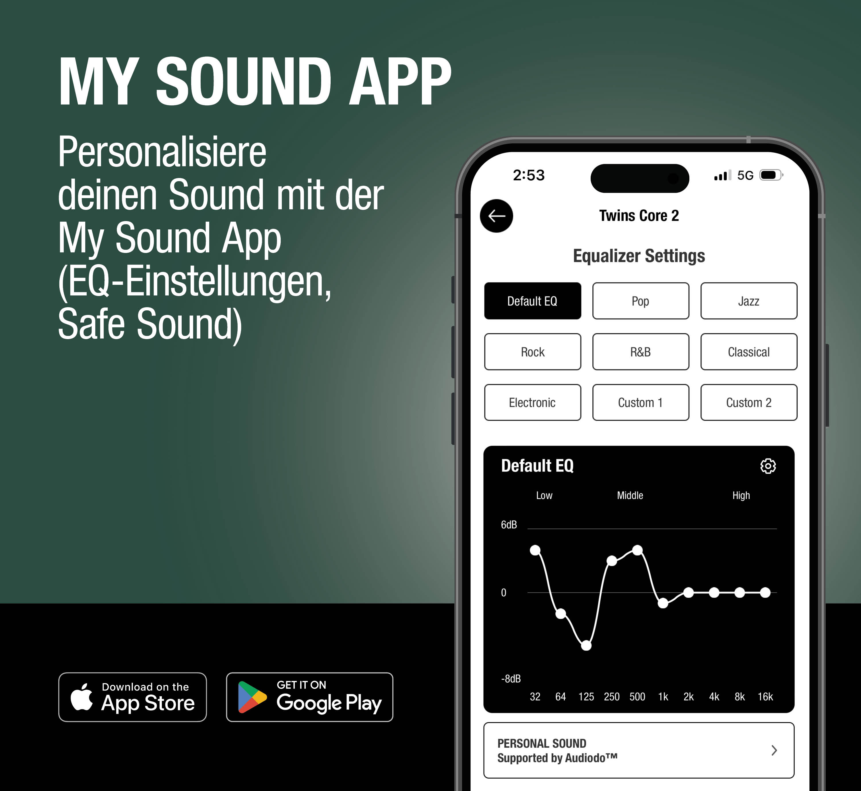 App-Bildschirm mit EQ-Einstellungen, Download-Buttons für App Store & Google Play.